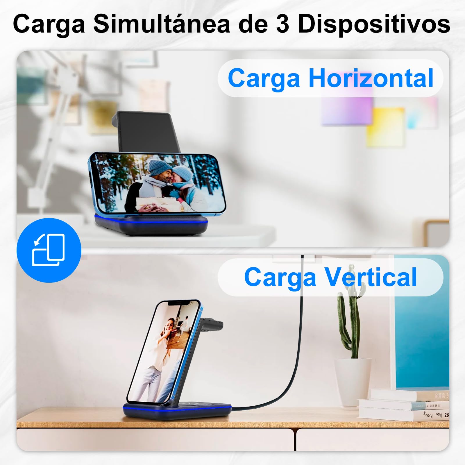 Lostrain Cargador Inalámbrico 3 en 1,Estación de Carga inalámbrica con 18W Qi Carga para iPhone 15/14/13/12/11/XR/XS/8,Huawei,Xiaomi,Airpods 3/2/Pro,Soporte de Carga con Multi-Protección