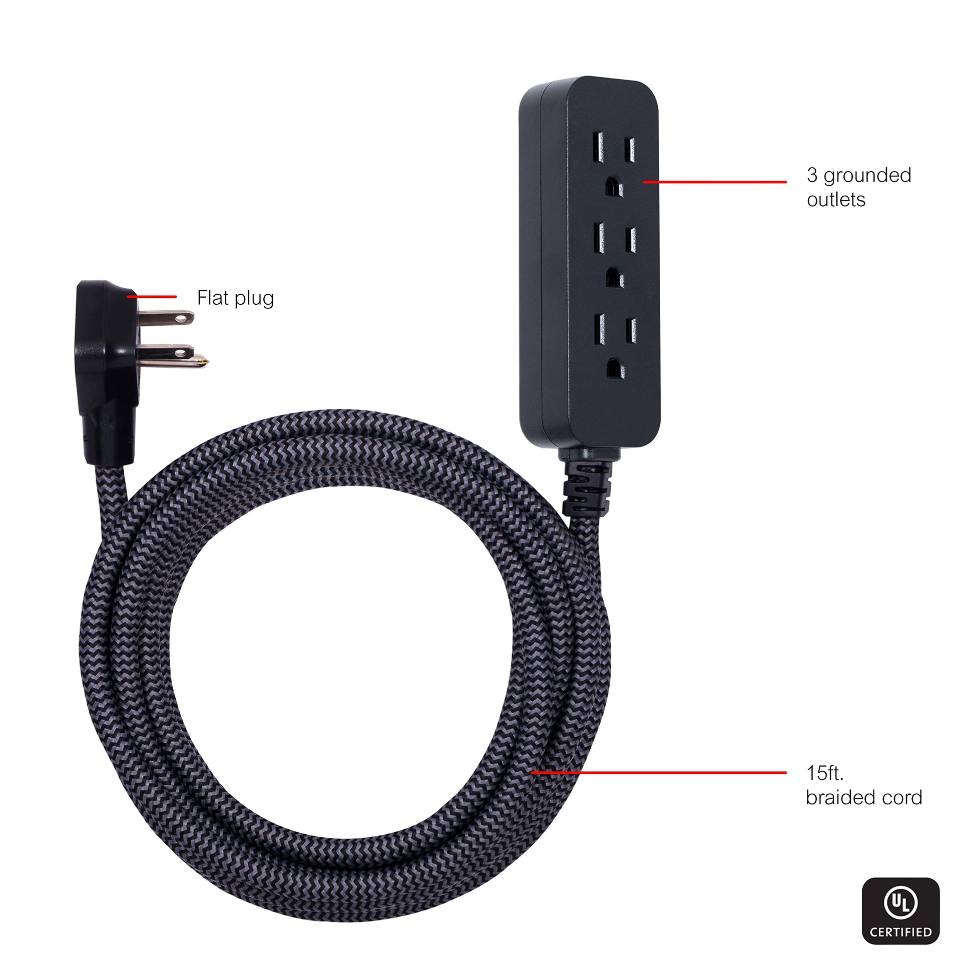 GE Pro Tira Multicontactos De 3 Salidas con Supresor de Picos, Enchufe Plano, Cable De Extensión Trenzado de 4.5 m (15 Pies) 250 Julios, Conectado a Tierra Certificacion UL, Negro/Gris 1 Unidad 44237