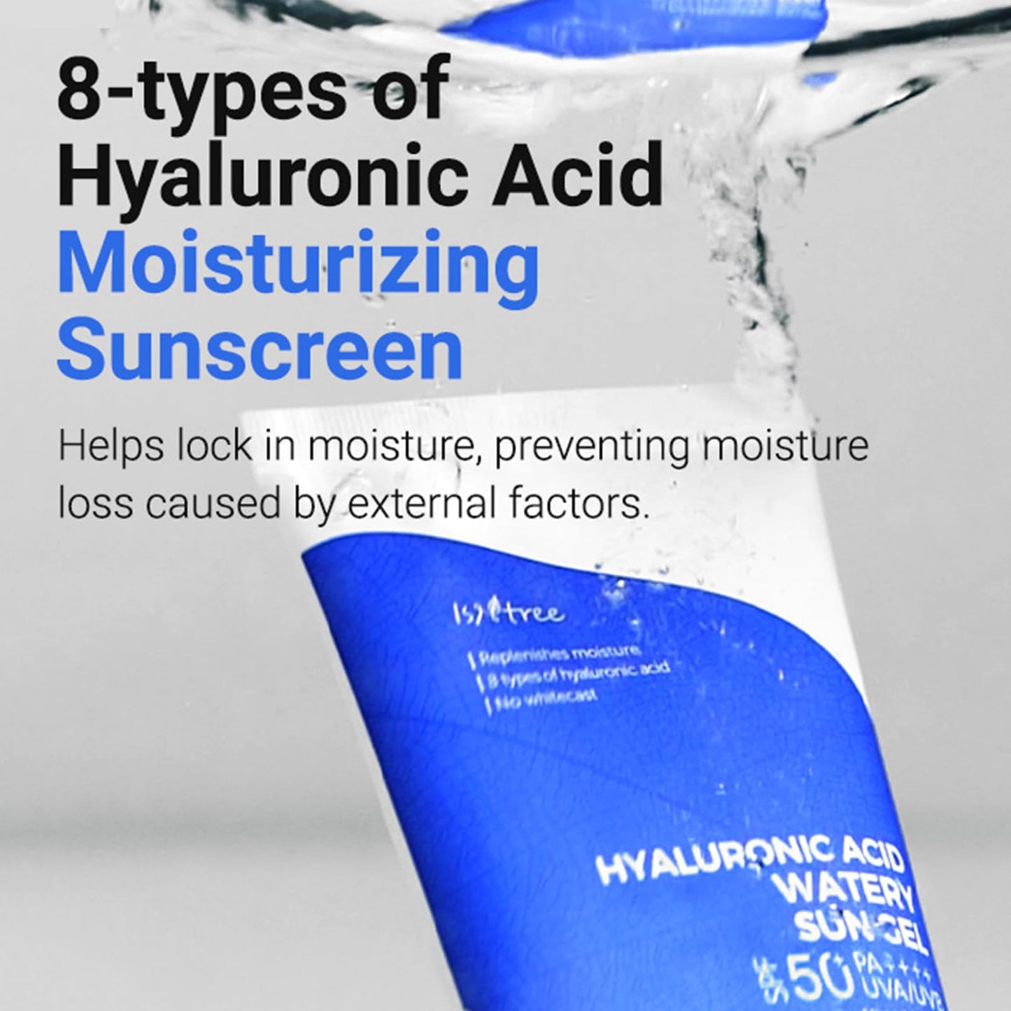 ISNTREE Hyaluronic Acid Watery Sun Gel 50 ml, Gel protector solar acuoso con 8 tipos de ácido hialurónico SPF 50+ PA++++ fuerte protección contra los rayos UVA y UVB