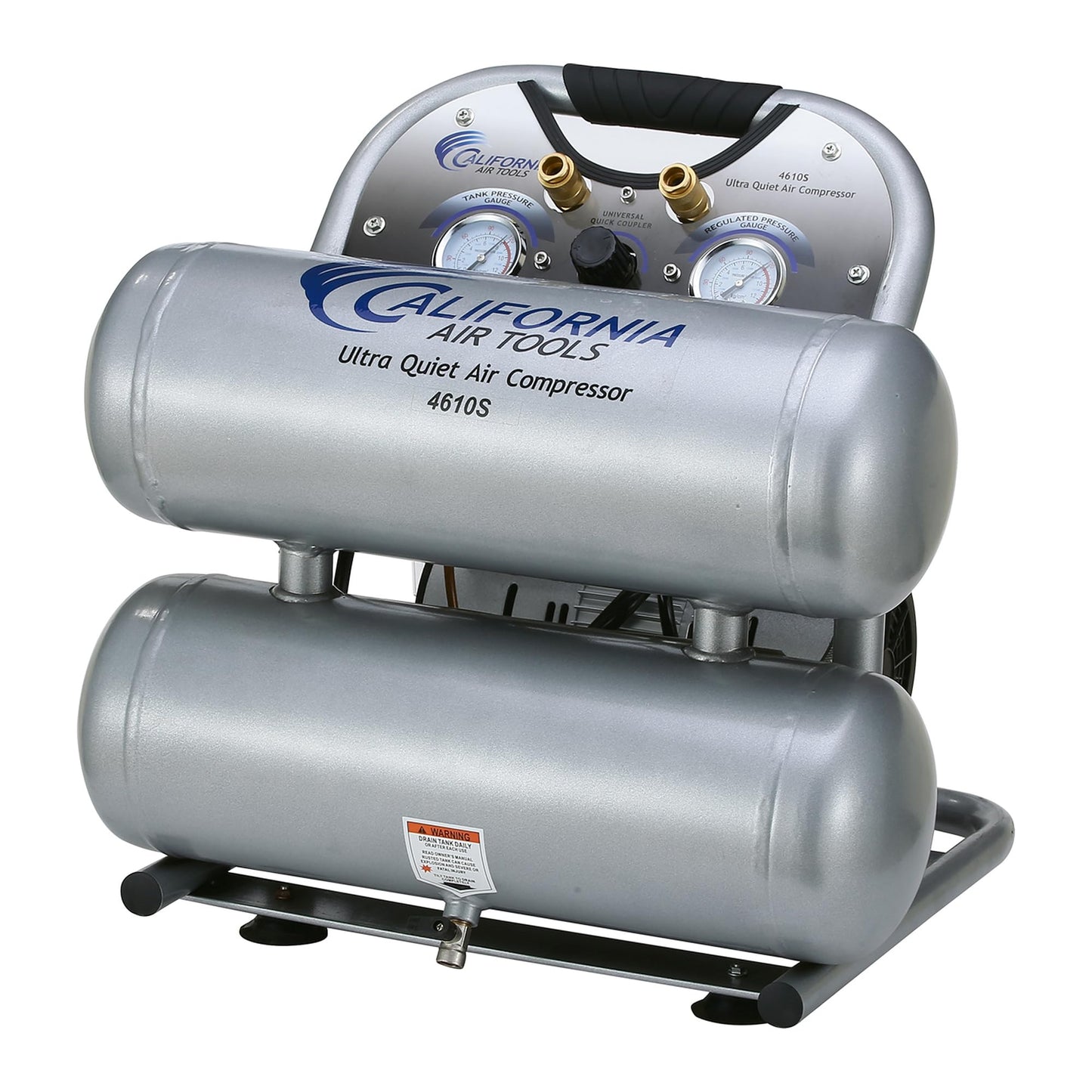 California Air Tools CAT-4610S Ultra silencioso y sin aceite 1.0 hp 4.6 galones de acero doble tanque compresor de aire portátil, color plateado