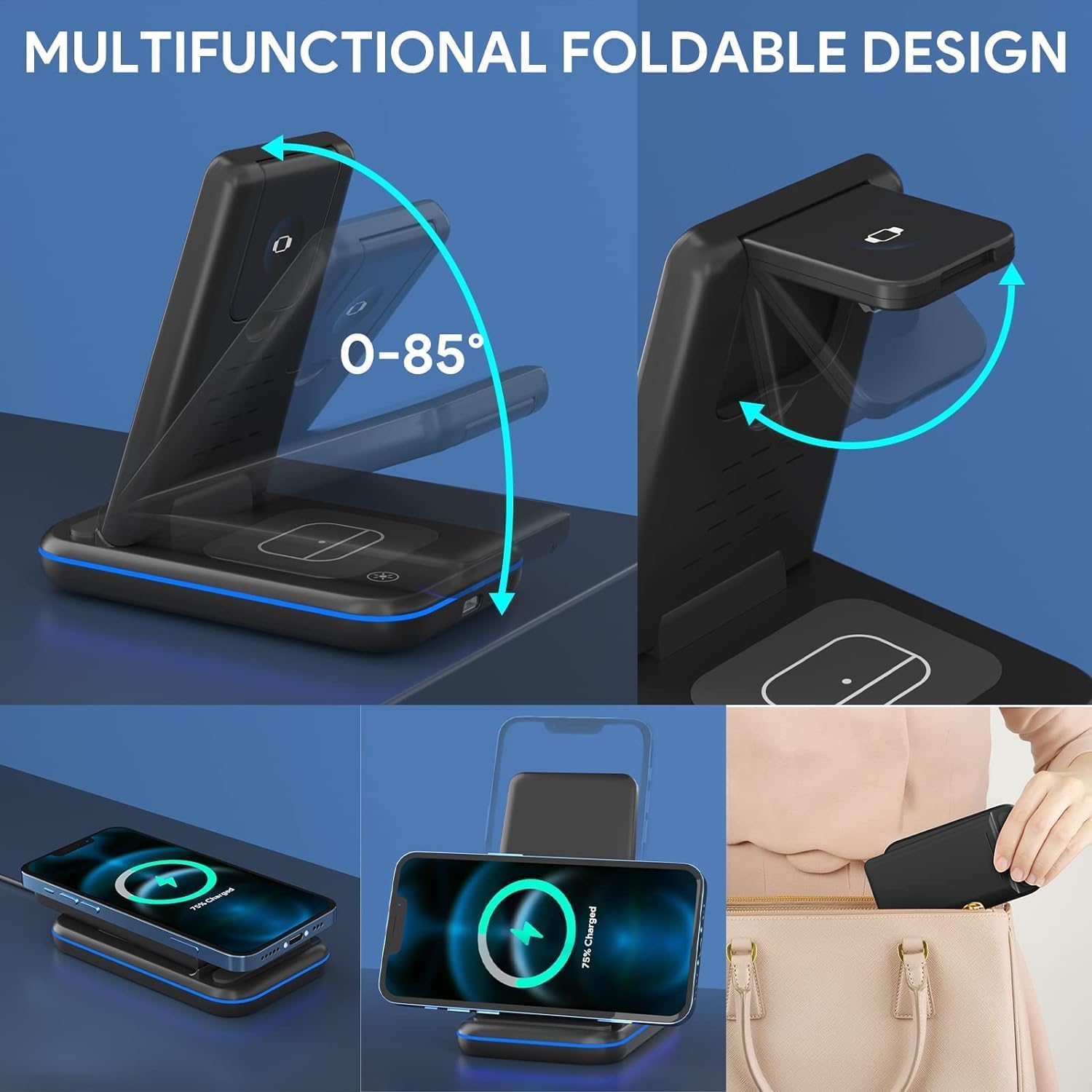 BVILY Cargador Inalámbrica Plegable 3 en 1 Base Soporte de Cargador para i Phone 16/15/14/13/12/Plus/Pro MAX, Rapida Wireless Charger para AirPods 4/3/2, Estación de Carga para Apple Watch