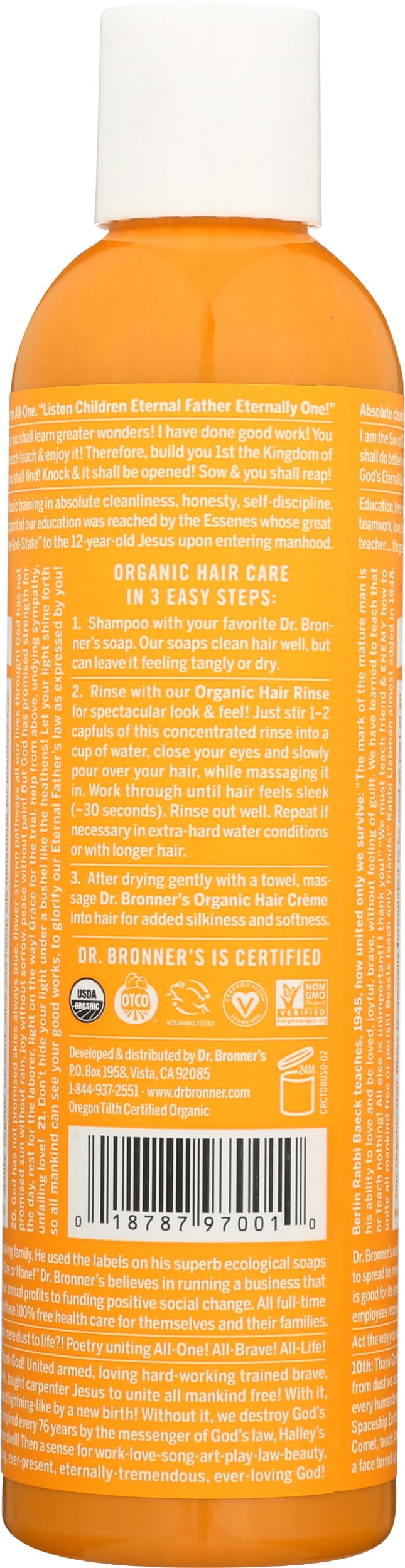 Dr. Bronner's | Acondicionador orgánico con ácido de cítricos, suaviza y desenreda el cabello, dejándolo manejable y brillante – 237 ml