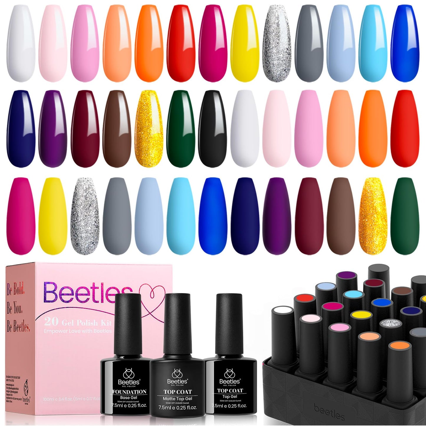 Beetles Kit de 20 esmaltes de uñas de gel – Juego de esmalte de gel UV LED, color pastel, primavera, verano, negro, azul, rosa, desnudo, esmalte de gel UV con base y capa superior para salón de arte de uñas, regalo para mujeres Grils