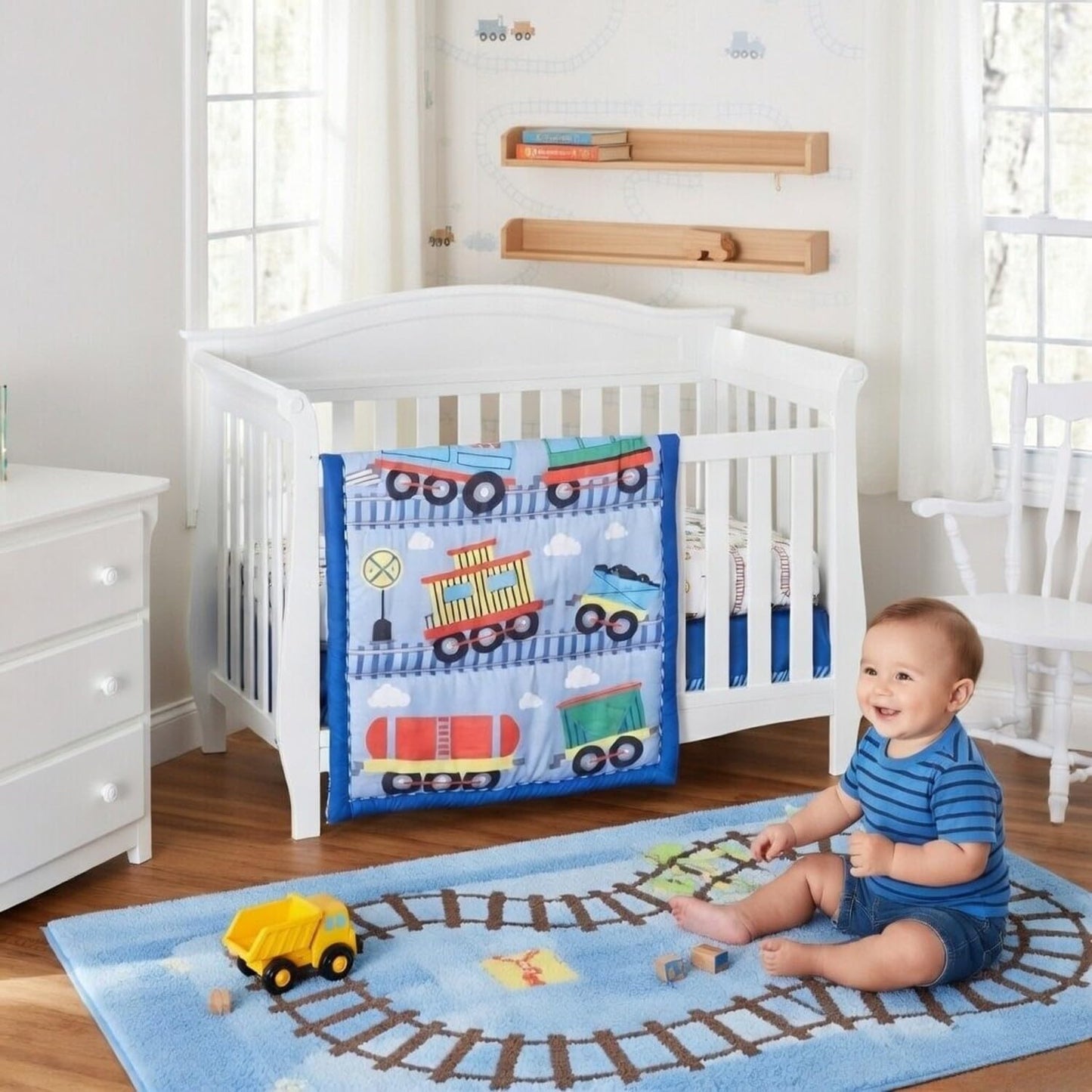 Everyday Kids Juego de cama de 3 piezas para cuna con edredón, sábana bajera y volantes Tren Choo Choo
