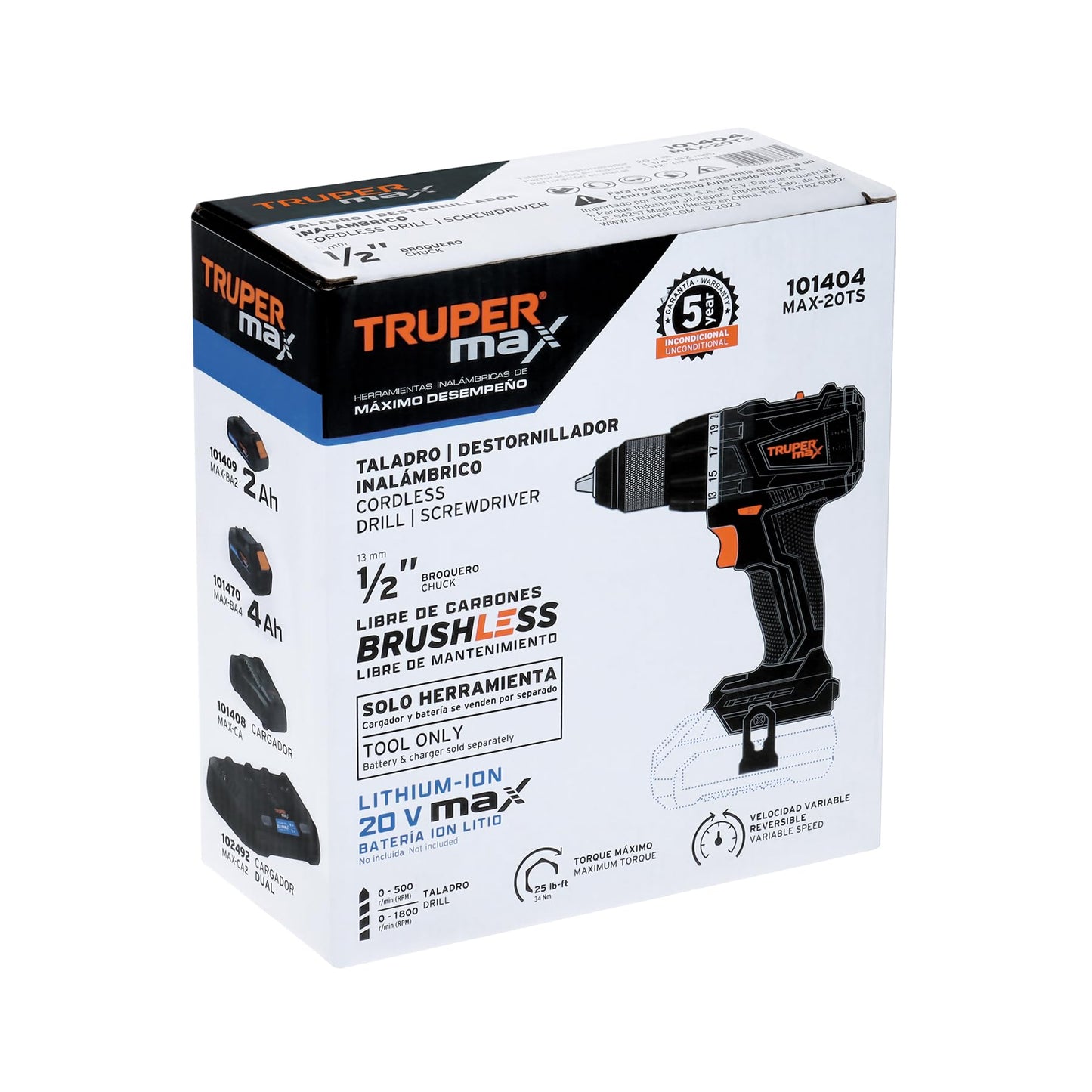 Truper Max MAX-20TS, Taladro inalámbrico 1/2", motor libre de carbones (brushless), sin accesorios