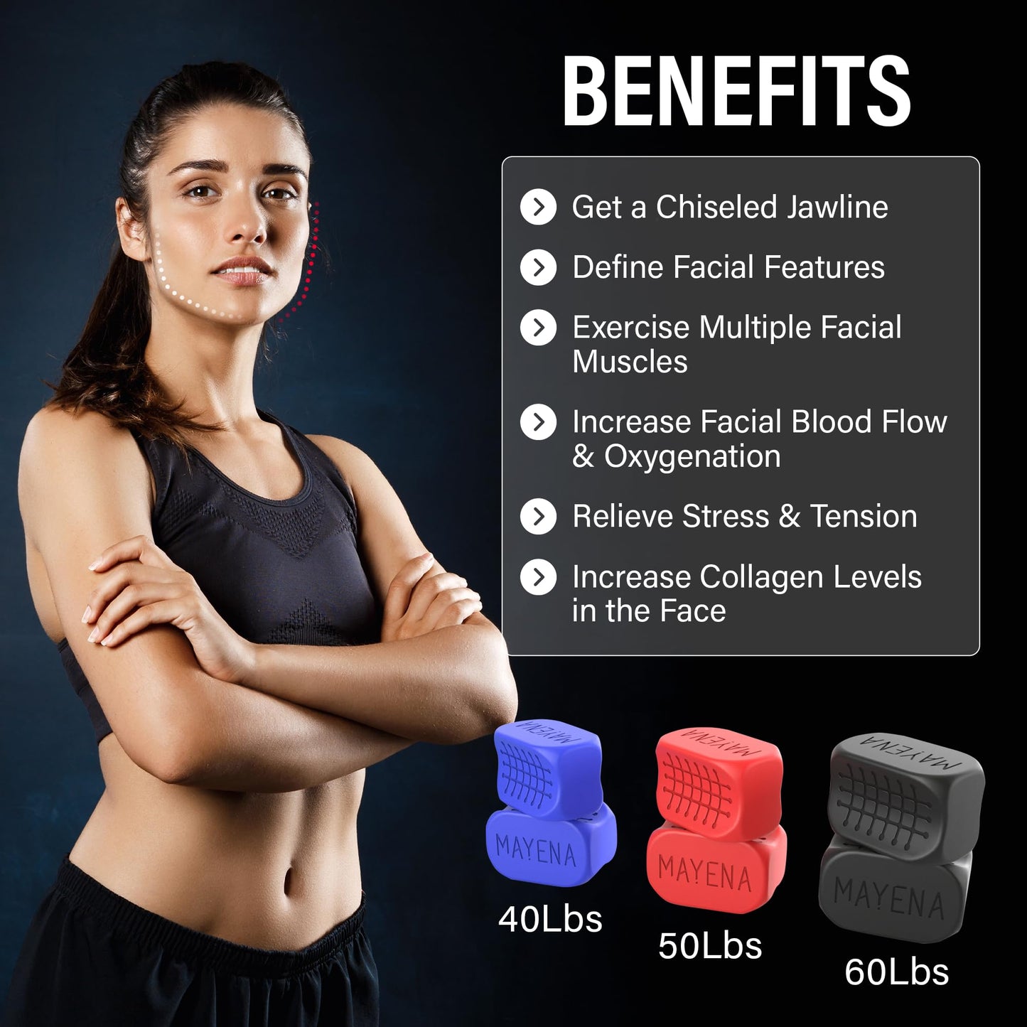 Mayena Sports Ejercitador de mandíbula para hombres y mujeres | 3 niveles de resistencia tabletas de silicona para ejercitar la mandíbula | Modelo mejorado de fuerza central | Potente entrenador de m