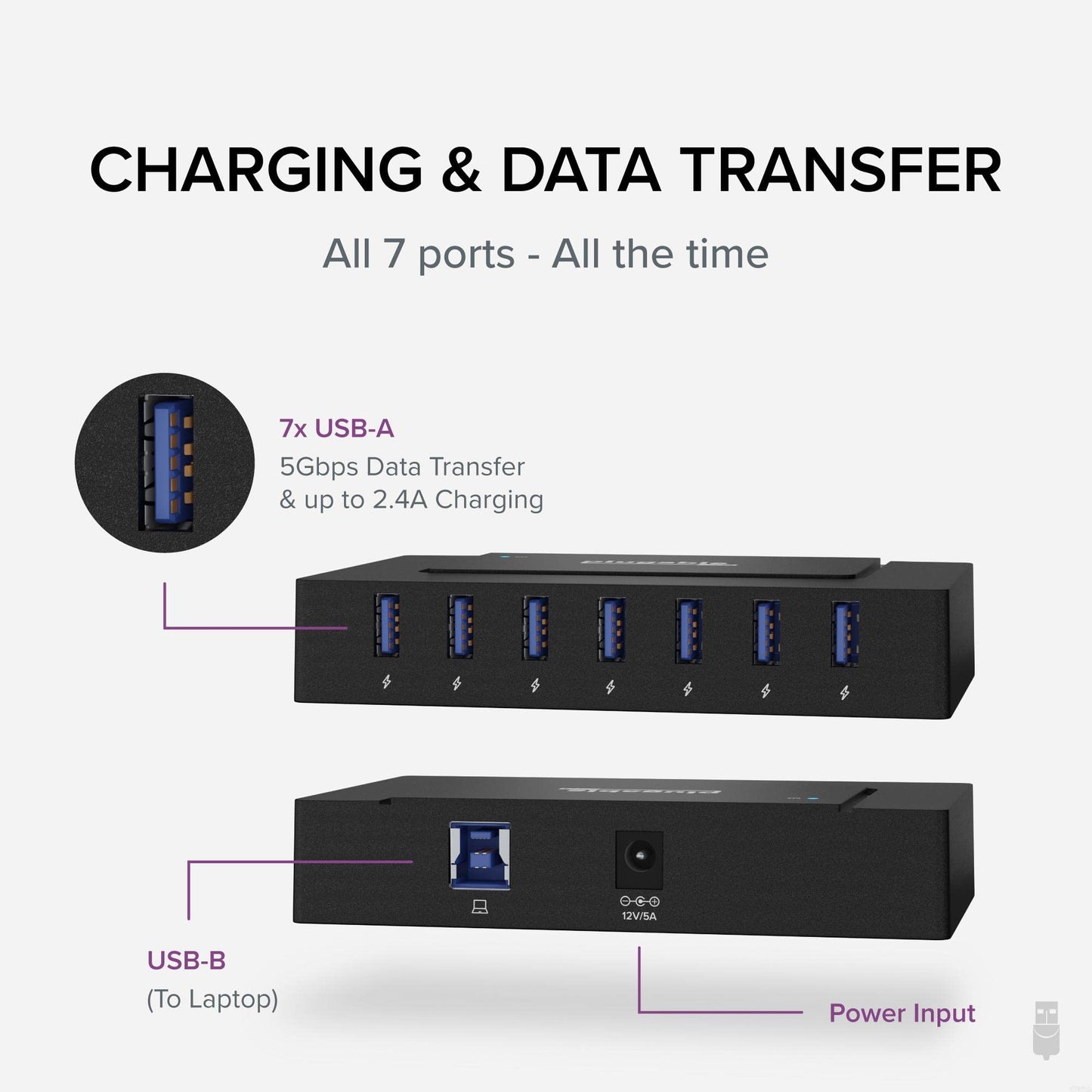 Hub de Carga USB Plugable Negro de 7 Puertos con USB-C para Transferencia de Datos y Alimentación de 60W
