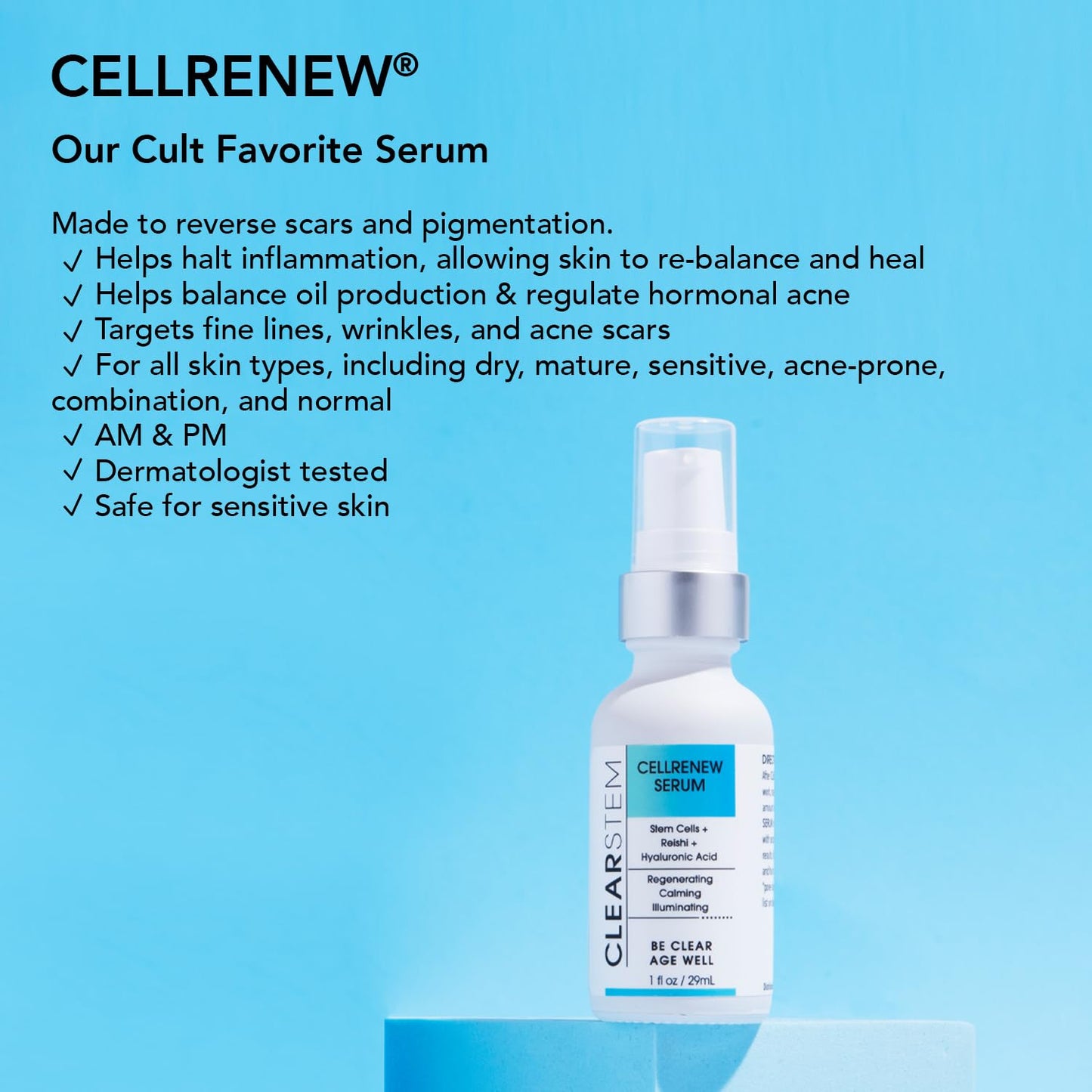 CLEARstem Anti-Aging Peptide & DNA Repair Serum - Collagen Stem Cell - Organic Topical Facial Serum with Hyaluronic Acid - Hydration Moisturizer - Scar Removal & Acne-Safe - Made in the USA - 1 fl oz.