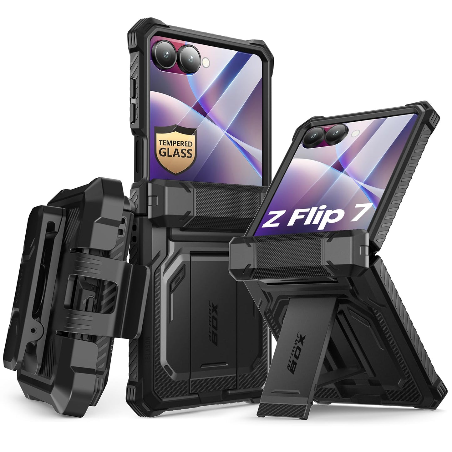 i-Blason Funda para Samsung Galaxy ZFlip 7 [Armorbox] Carcasa con Protector de Pantalla de Vidrio Templado [Protección Militar] Resistente Case con Soporte y Clip para Cinturón - Negro