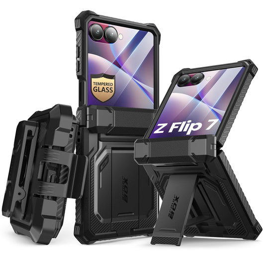 i-Blason Funda para Samsung Galaxy ZFlip 7 [Armorbox] Carcasa con Protector de Pantalla de Vidrio Templado [Protección Militar] Resistente Case con Soporte y Clip para Cinturón - Negro