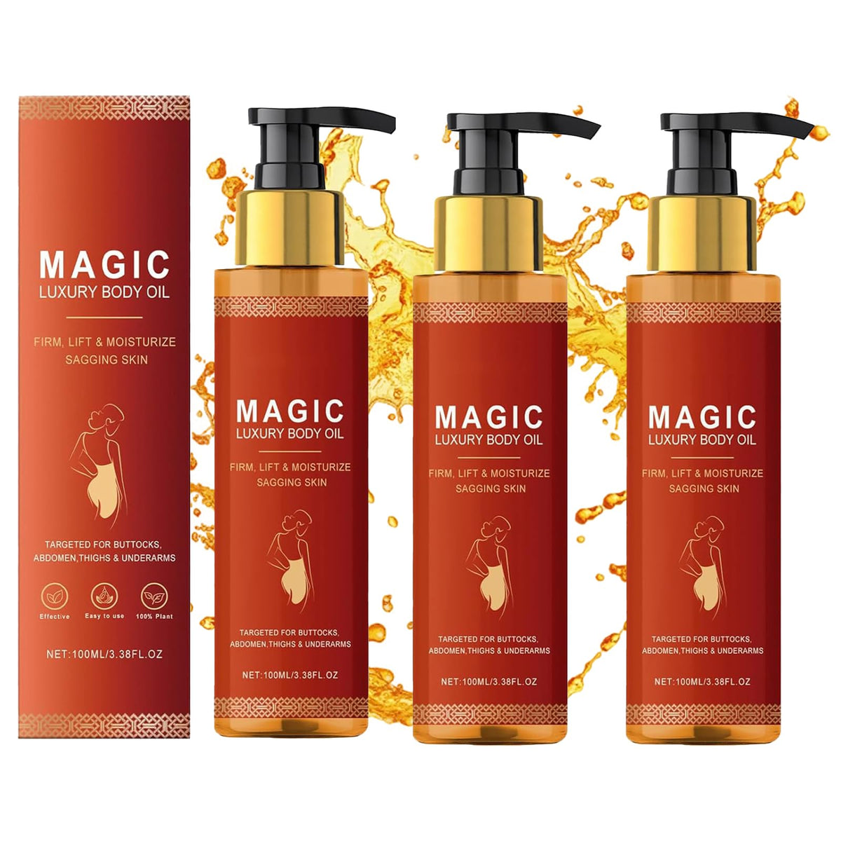 3Pcs Magic Body Oil, Aceite Hidratante y Reafirmante, Con Vitamina E, Aceite de Rosa Mosqueta y Aceite de Almendras, Rellena, Reafirma e Hidrata la Piel de Brazos, Escote, Muslos y Abdomen
