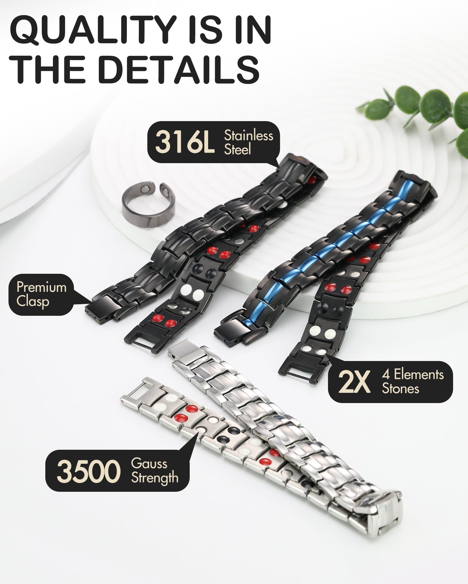 Pulsera Magnética Feraco Acero Titanio con Doble Fila para Hombre