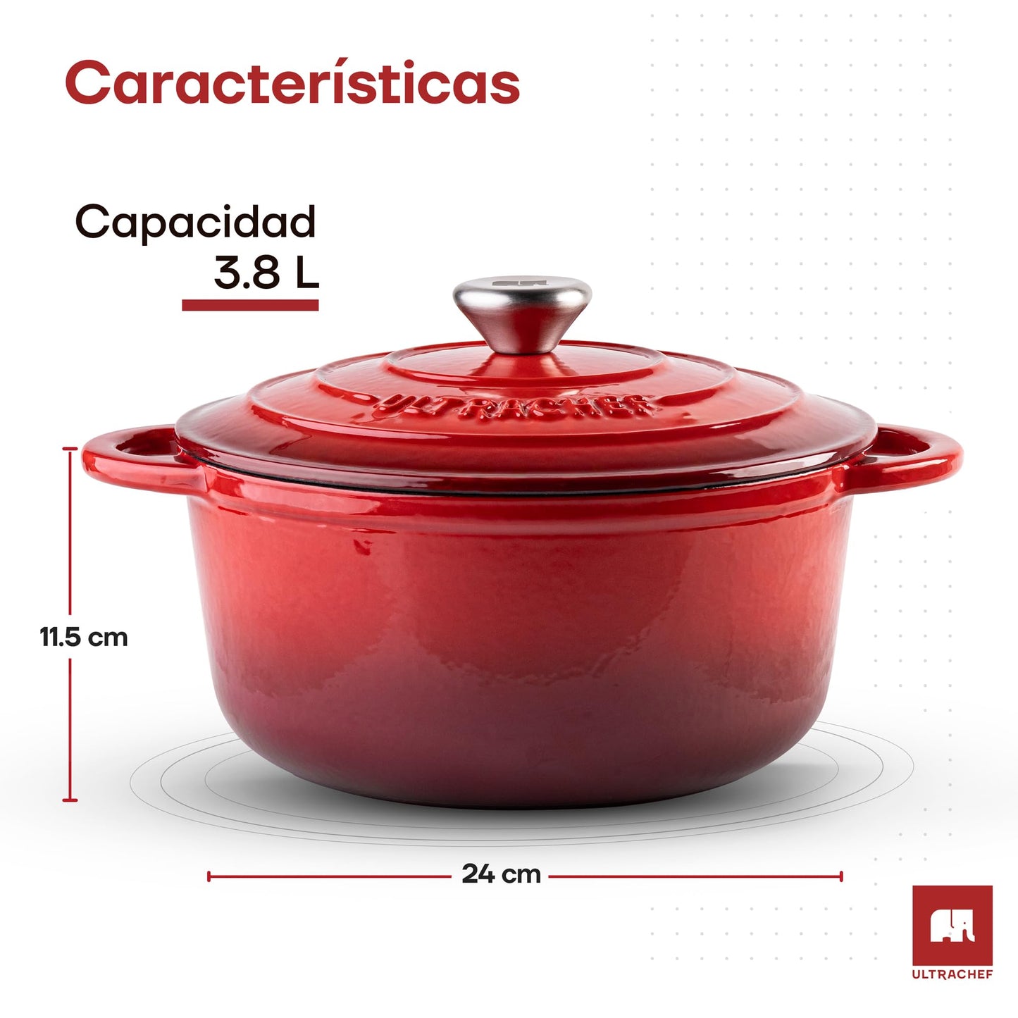 ULTRACHEF Olla de Hierro Fundido Esmaltado para Estufa y Horno | Horno Holandés Cubierto de Hierro Fundido | Dutch Oven | Redonda | Tamaño 24 cm, Capacidad 3.8 Litros, Rojo