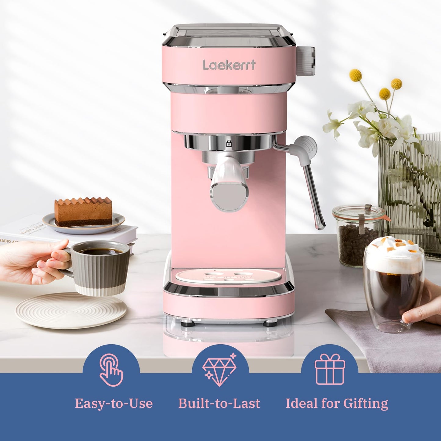 Laekerrt Máquina de café exprés profesional de 20 bares, con espumador de leche, casera de acero inoxidable para capuchino y café con leche, regalo para mujeres, esposa, hija o mamá, color rosa