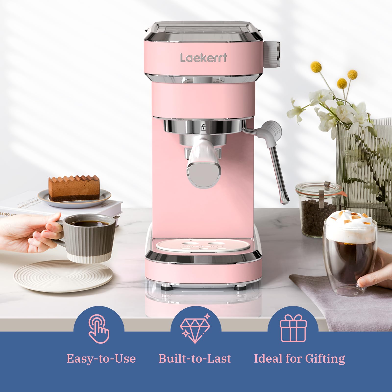 Laekerrt Máquina de café exprés profesional de 20 bares, con espumador de leche, casera de acero inoxidable para capuchino y café con leche, regalo para mujeres, esposa, hija o mamá, color rosa