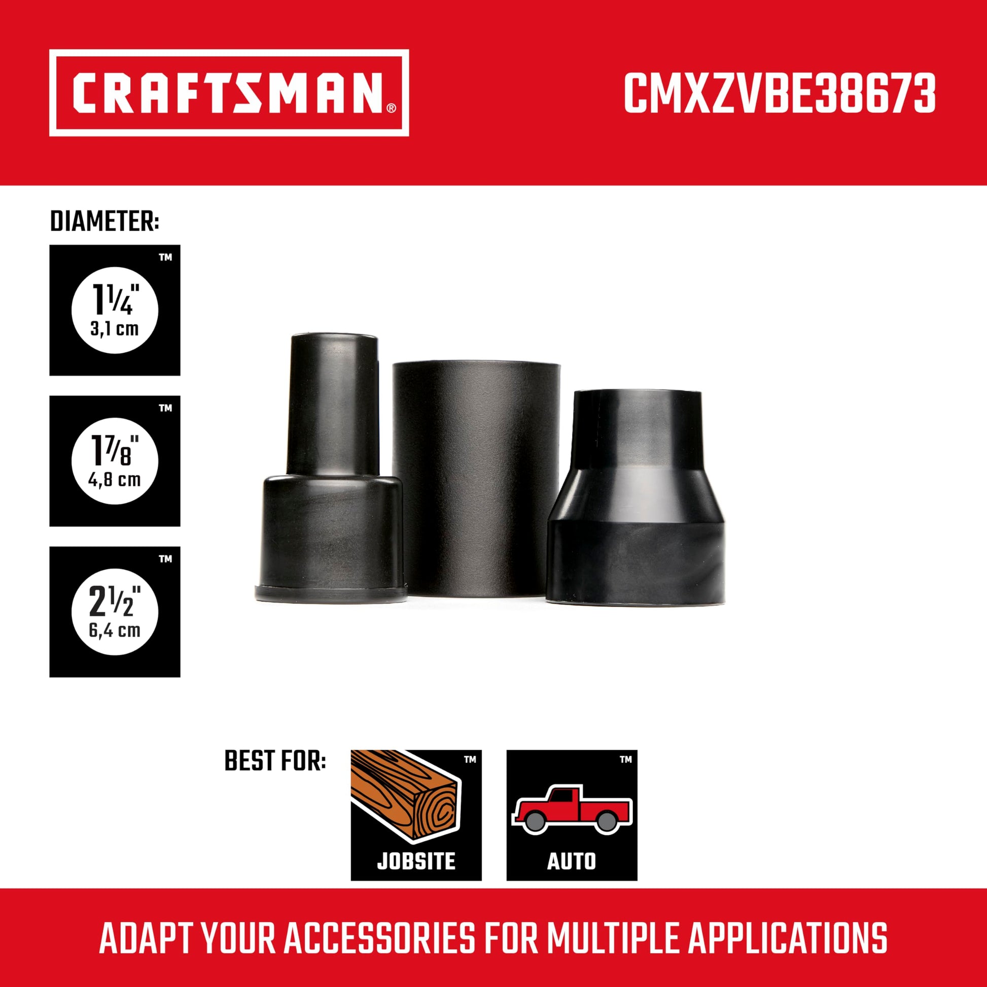CRAFTSMAN Kit de accesorio para aspiradora de grado industrial - Conector de manguera para aspiradora - 3 piezas - Negro - Plástico