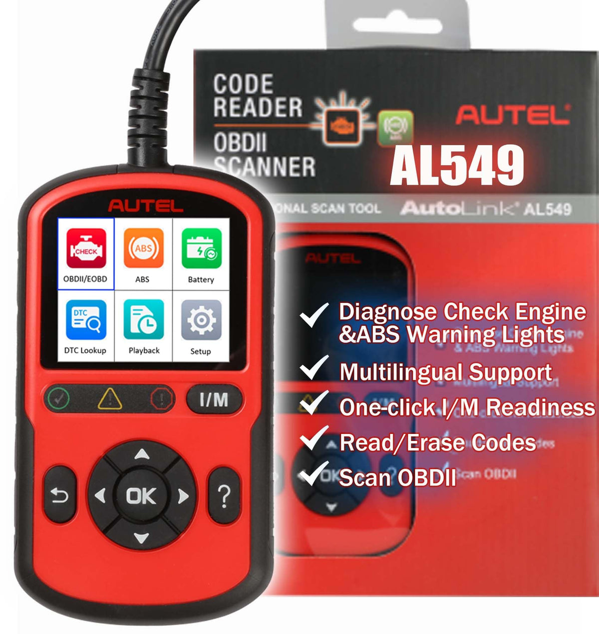 Escáner OBD2 Autel AutoLink AL549 Rojo con Diagnóstico AutoVin y Prueba de Batería para Automóvil
