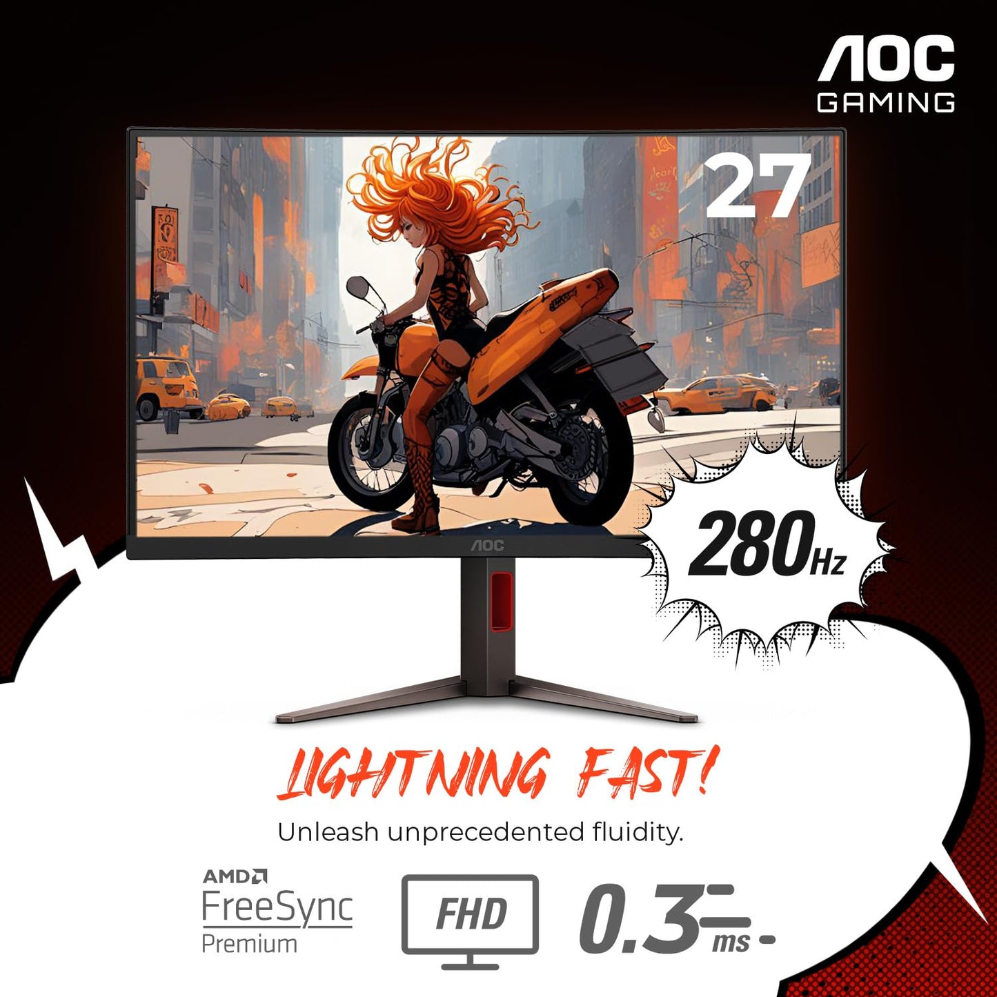 AOC C27G4ZH Monitor de Juegos Curvado sin Marco ultrarápido de 27 Pulgadas, FHD 1080p, 0.3 ms 280Hz, HDMI/DP, Altura Ajustable, 3 años de garantía de píxeles Muertos Cero, Negro, Compatible con
