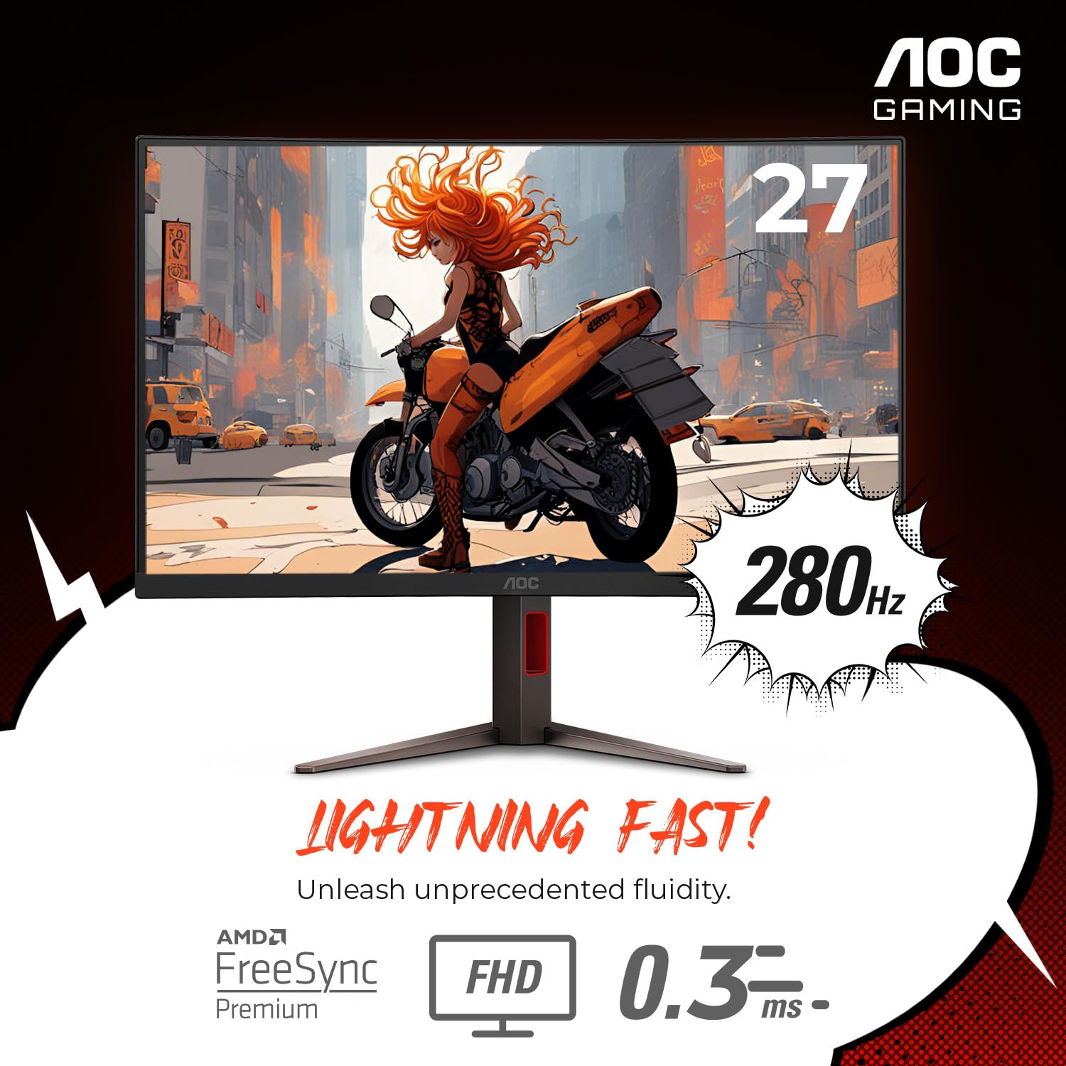 AOC C27G4ZH Monitor de Juegos Curvado sin Marco ultrarápido de 27 Pulgadas, FHD 1080p, 0.3 ms 280Hz, HDMI/DP, Altura Ajustable, 3 años de garantía de píxeles Muertos Cero, Negro, Compatible con