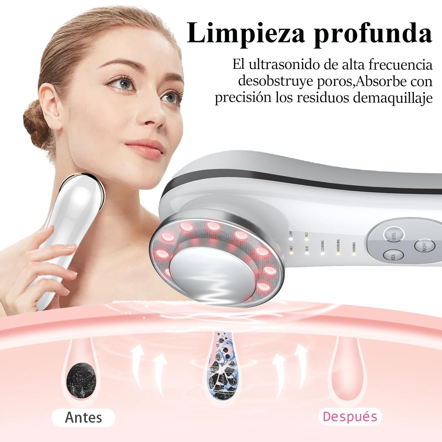 Masajeador Facial Eléctrico,Dispositivo de Belleza Facial,7 en 1 Máquina con Frío Calor Fototerapia Roja y Cuidado de Ojos,Limpieza Profunda,Mujer Portátil Recargable USB Regalo para Mujer