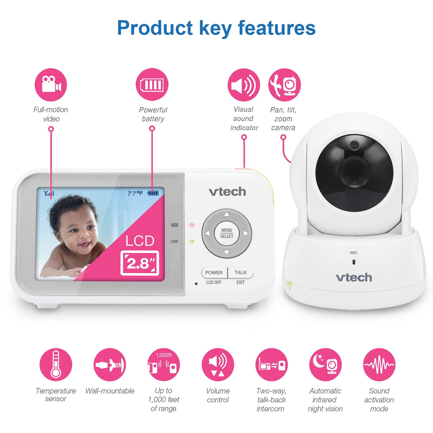 Monitor de Vídeo VTech Blanco con Batería de 19 Horas y Zoom Panorámico para Bebé