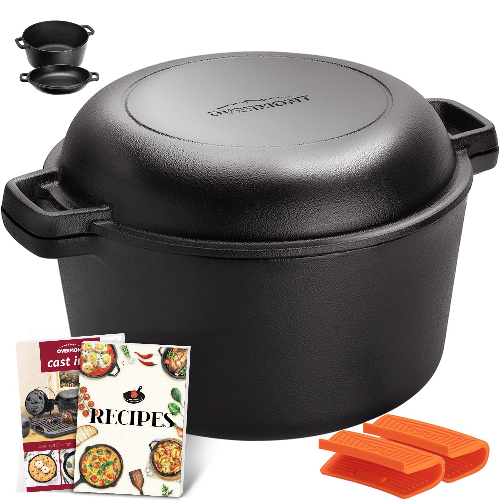 Overmont - Horno holandés presazonado 2 en 1 con tapa de sartén para inducción, eléctrica, parrilla, estufa, barbacoa, camping (5 cuartos de galón)