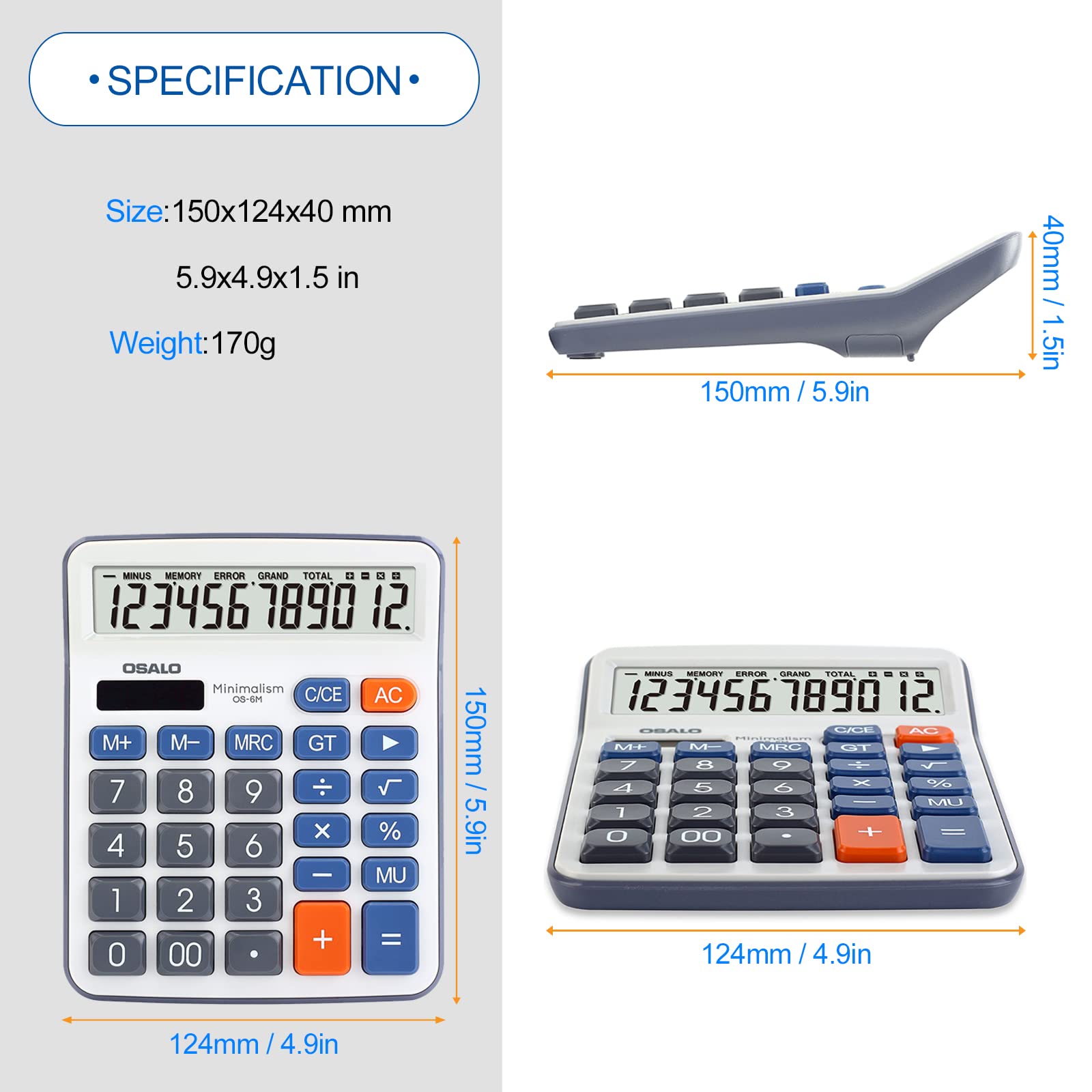 Calculadora de escritorio Pantalla LCD grande Número de 12 dígitos Calculadora básica de bolsillo portátil de mano con botón sensible grande, para uso en la oficina, el hogar y la escuela (OS-6M)