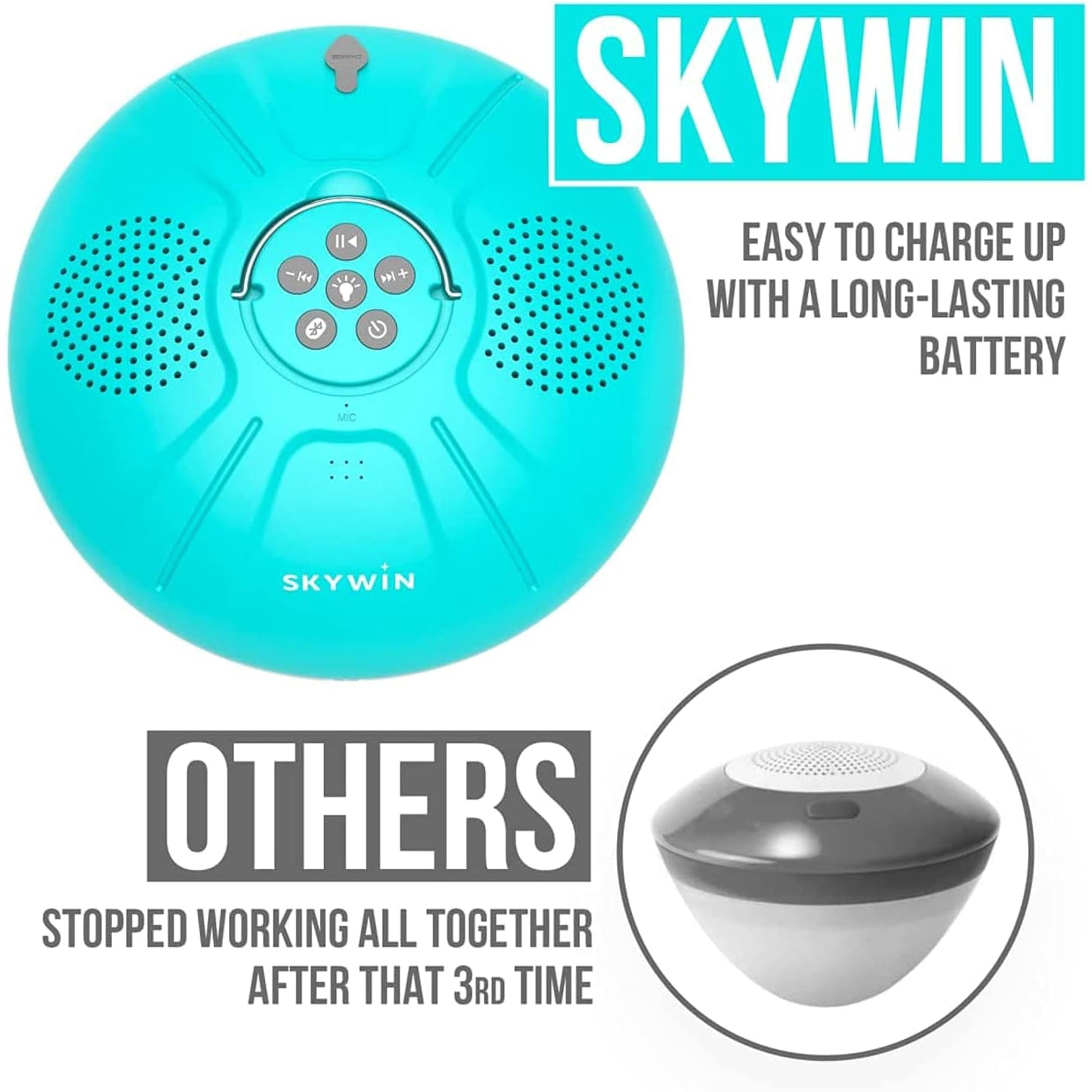 Skywin Hot Tub Speakers and Speakerphone - Disco Light Floating Waterproof IPX7 Large Wireless Pool and Shower Speaker - Pool Speakers Support Dual Speaker Connection and Feature Quality 2.1 Sound