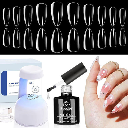 Beetles Kit de uñas de gel fácil juego de extensión de uñas, 500 piezas preformadas de gel suave de almendra mediana con base de gel de pegamento multiusos 5 en 1, lámpara de uñas LED UV para arte de uñas, regalos para el hogar para niñas