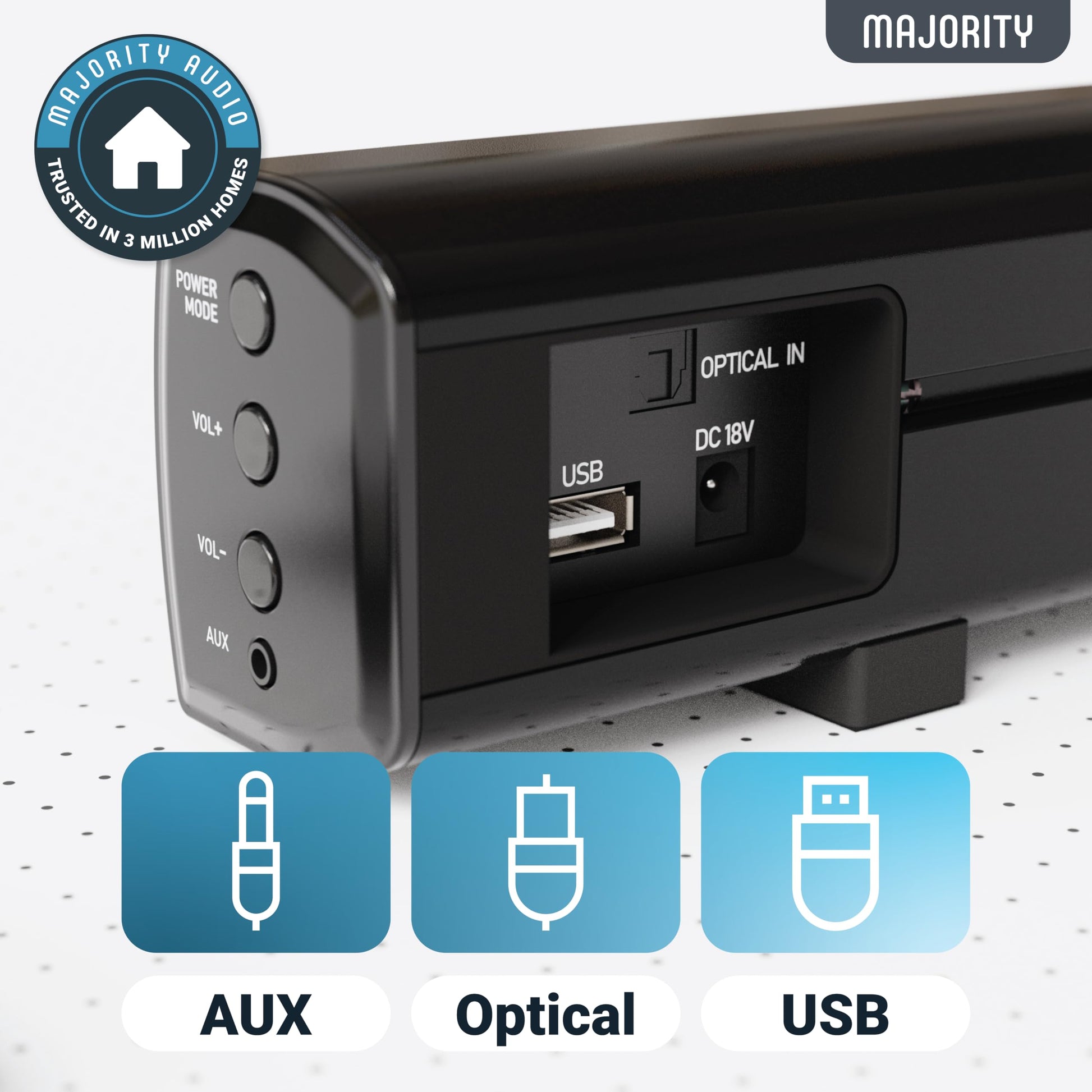 Majority Bowfell - Barra de sonido pequeña para TV con Bluetooth, RCA, USB, Opt, conexión AUX, mini sistema de sonido/audio para altavoces de TV/cine en casa, juegos, proyectores, 50 W, 15 pulgadas