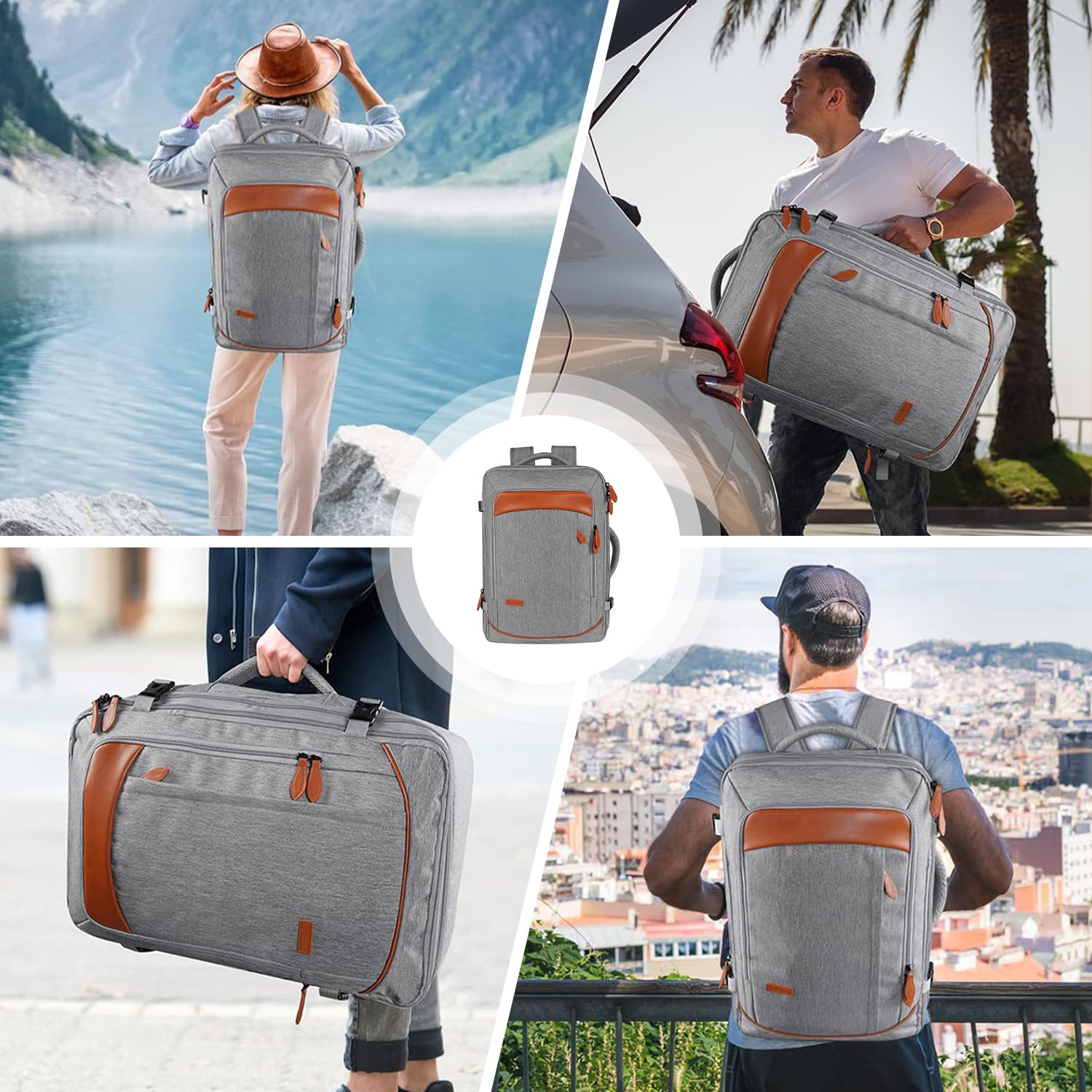 Juego de mochila de viaje de 5 piezas, mochila de equipaje certificada por vuelo extra grande 40 L, maleta expandible con 4 bolsas de almacenamiento, mochila de negocios impermeable, unisex (Gris)