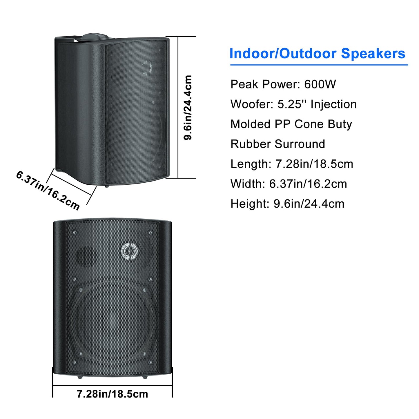 STUDIOFINIX - Altavoces para Exteriores de 5.25 Pulgadas, 600 W, Impermeables, con Cable, pasivos de Montaje en Pared para Patio, cochera, hogar, 2 Pares (Negro)