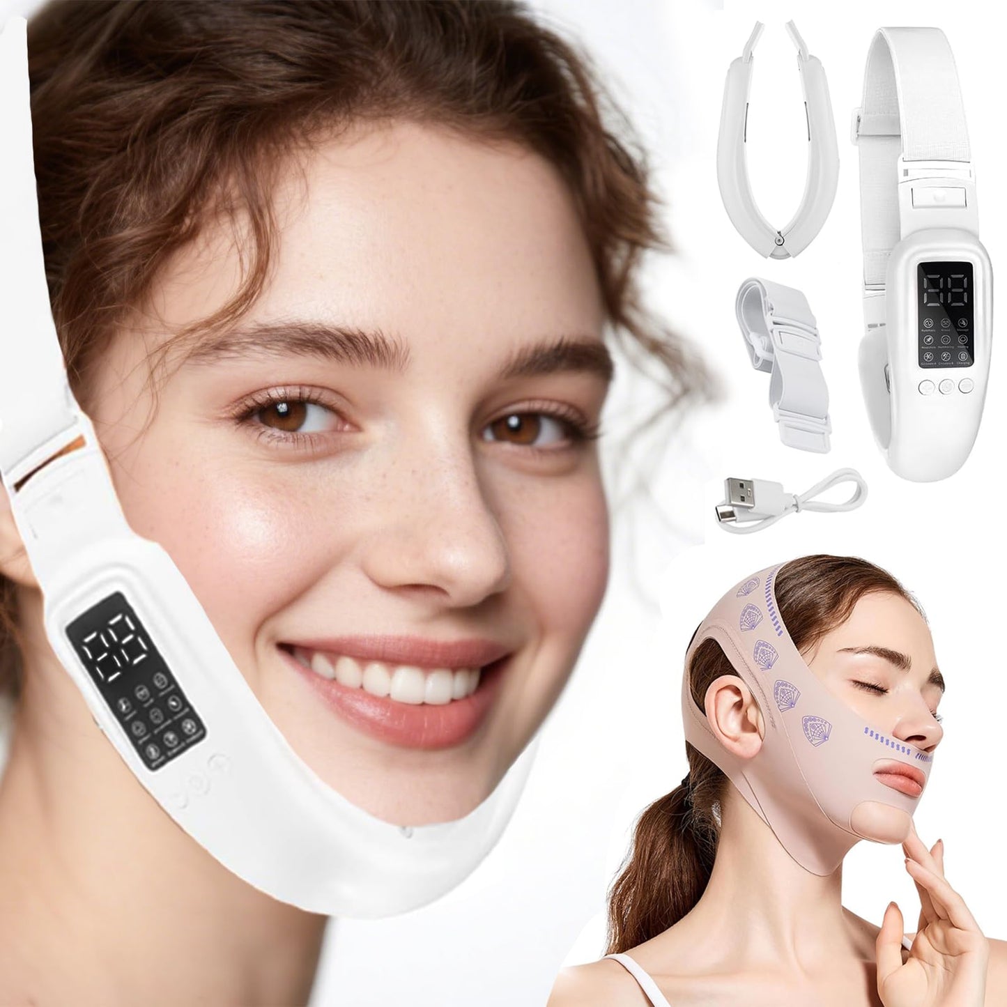 Masajeador Facial, Eliminador de Papada con Lifting de cara Correa, Microcorriente de Alta Frecuencia, Faja Papada 8 Modos con 15 Marchas, Rejuvenece tu piel, Tensar la piel, Creando Rostro Forma de V