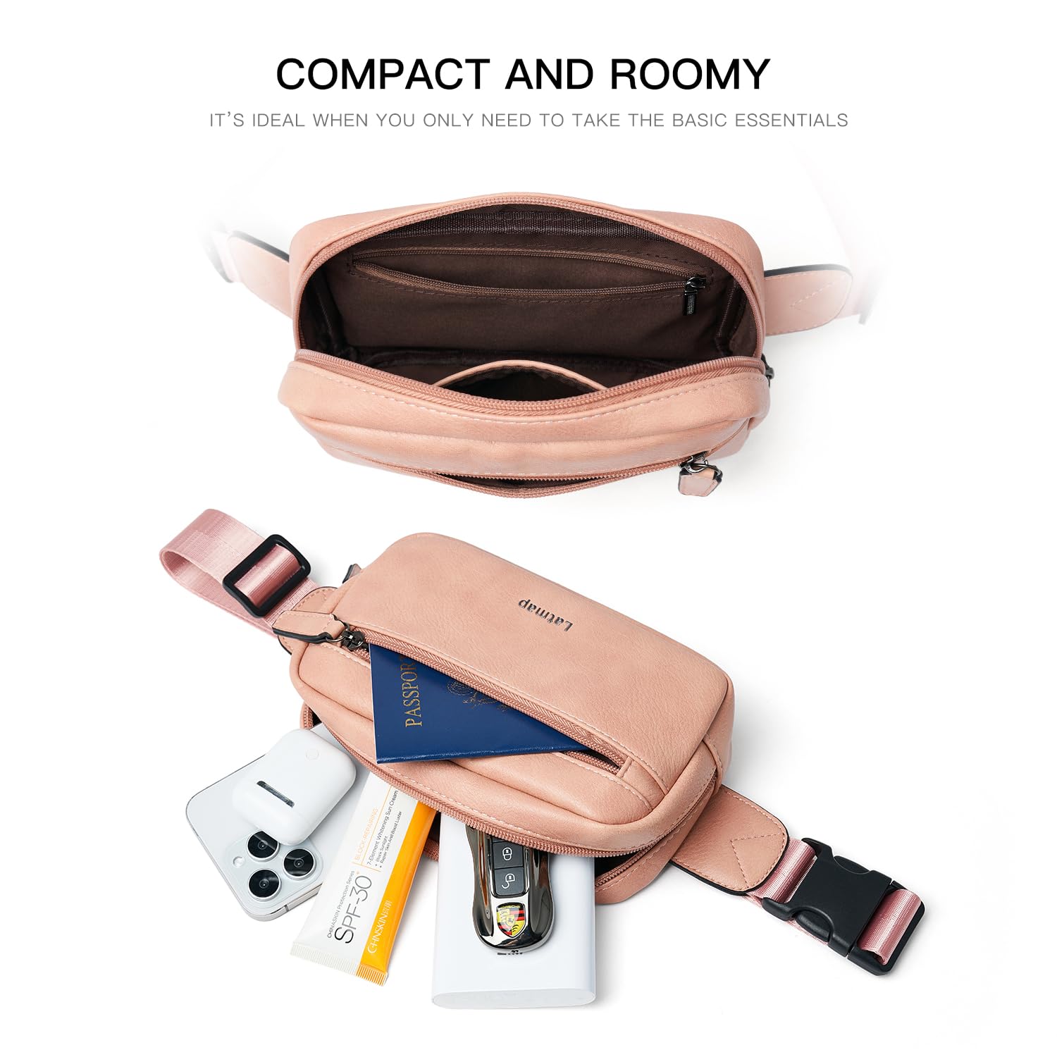 LATMAP - Riñonera de 2 L para todas partes, pequeña y a la moda, bandolera de piel sintética, impermeable, para mujer, a la moda, Rosado, 7.87 inches