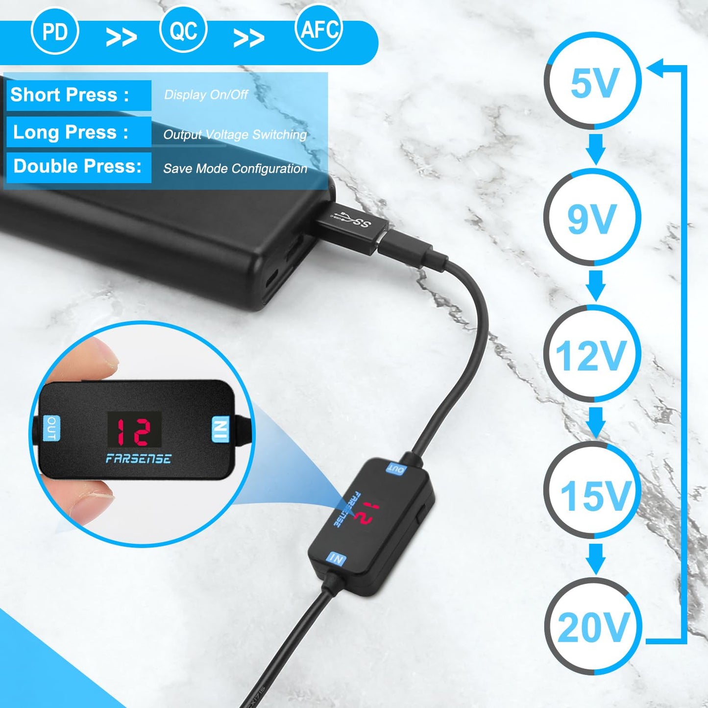 FARSENSE - Adaptador de encendedor de cigarrillos USB A a 12 V (36 W)-USB C macho a encendedor de cigarrillos hembra (2 pies) con voltaje de conmutación y voltaje de visualización, para cámara de