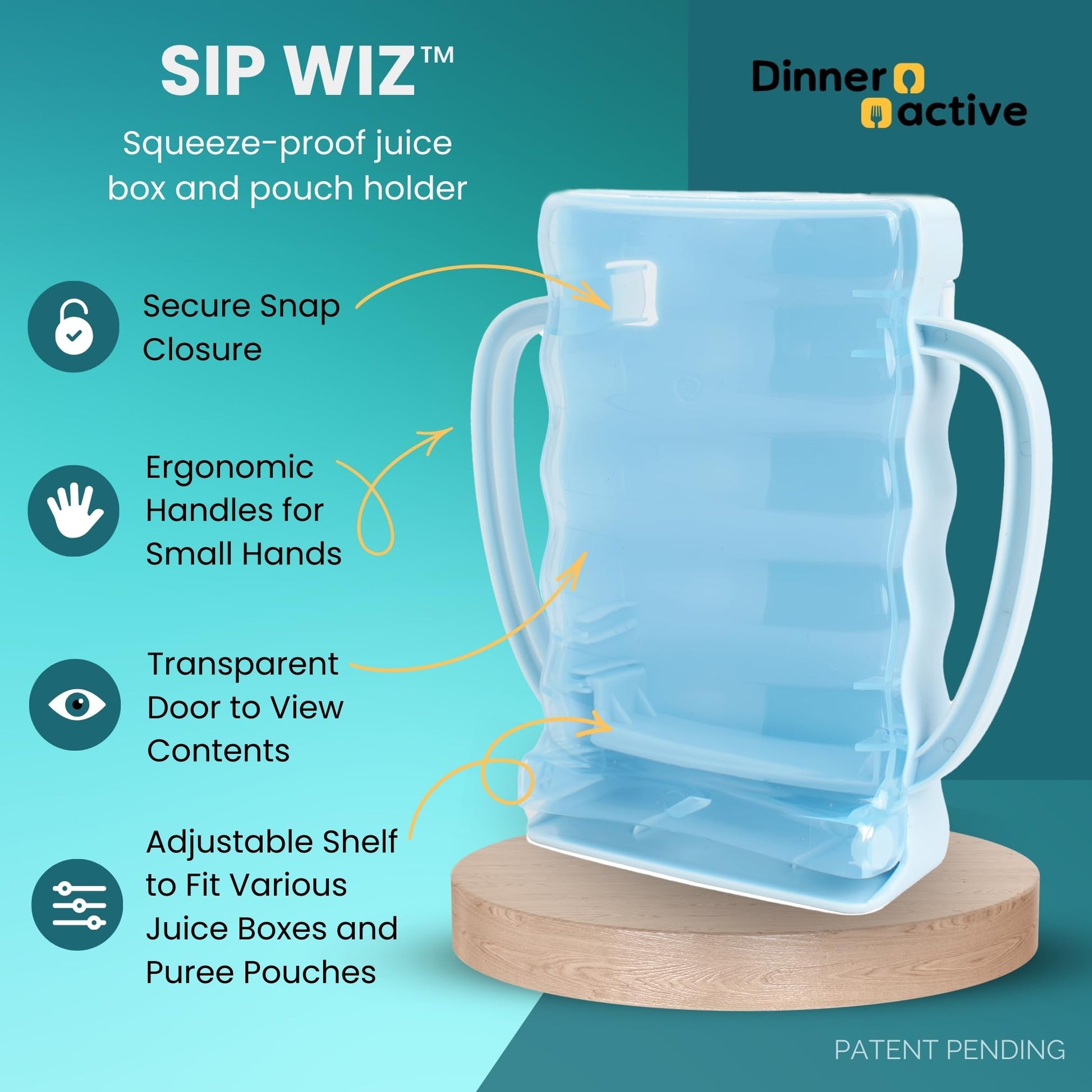 Dinneractive Sip Wiz - Soporte para bolsa de bebé sin aplastar, sin ensuciar, sin desperdicios, Ideal para paseos en coche sin desorden, Azul individual