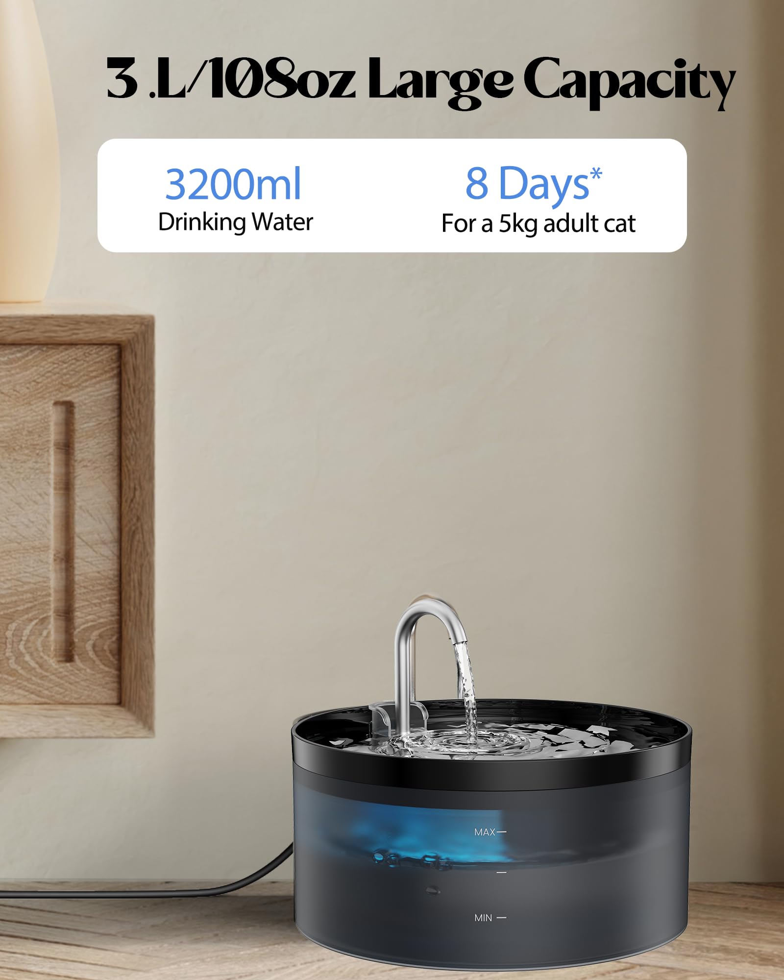 GIOTOHUN - Fuente de agua para gatos para beber, fuente de gato de 3.2 l, súper silenciosa, luz LED integrada, filtro de carbón activado, tanque de agua translúcido, fuente de agua para gatos para