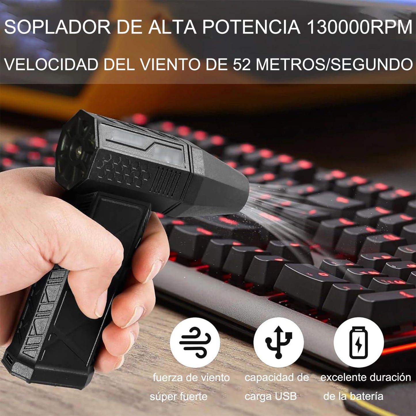 Sopladora de Aire, Sopladora de 3 Velocidades Ajustables, Soplador de Aire Recargable USB para Limpieza de Teclado, PC, Automóvil, Casa y Espacios Difíciles de Alcanzar