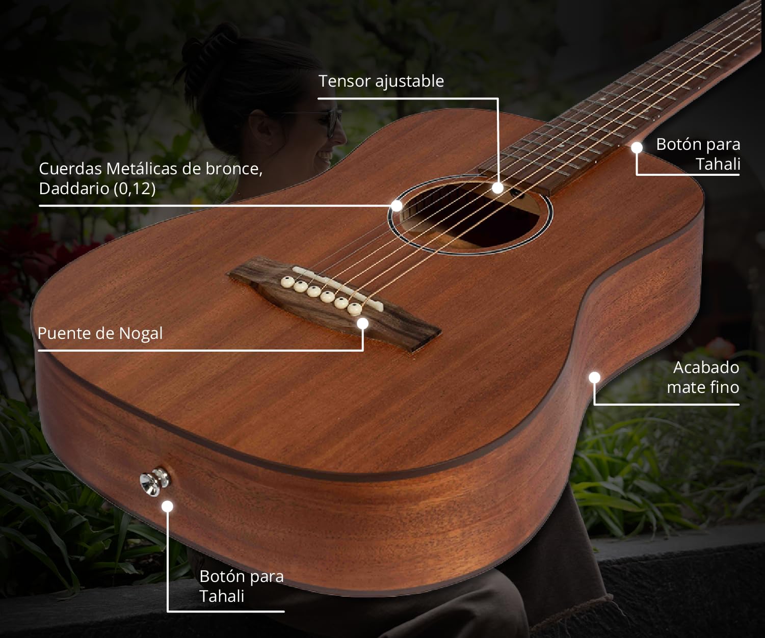 BAMBOO, Guitarra Acustica Travel Mahogany, Tamaño 1/2, para principiantes, adultos, viajes, 34 pulgadas, Funda Acolchada, madera Mahogany