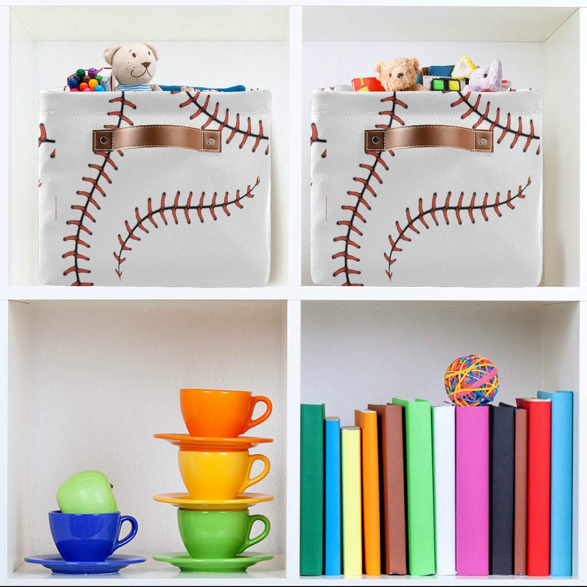 Cesta de almacenamiento con puntadas de béisbol, bolsa de almacenamiento de bolas, de softball, grande, caja de almacenamiento de juguetes, con asas, plegable, estante de armario, cesta organizadora de tela para guardería y dormitorio