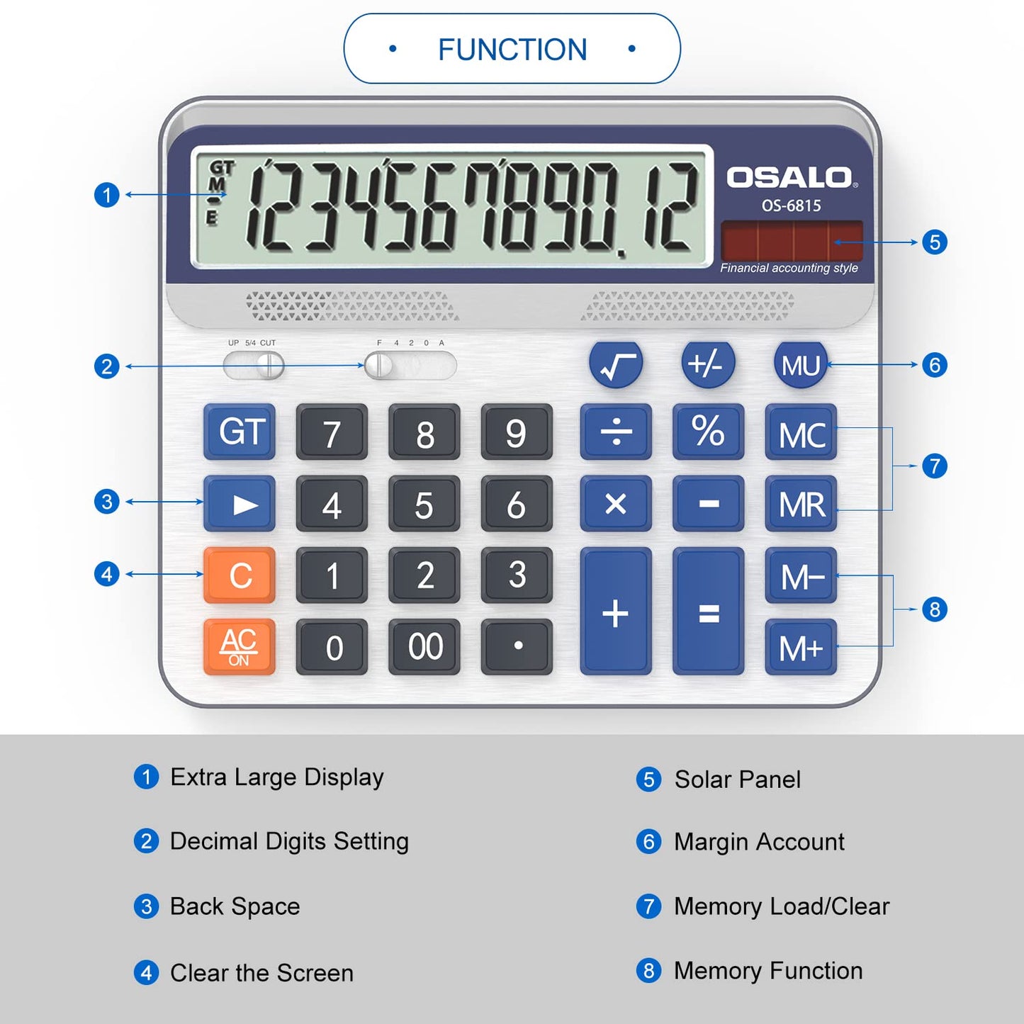 Pendancy Calculadora de Escritorio Pantalla LCD Extra Grande de 5 Pulgadas Calculadora de Contabilidad de números Grandes de 12 dígitos con botón de Respuesta Gigante (OS-6815-2 Piezas)