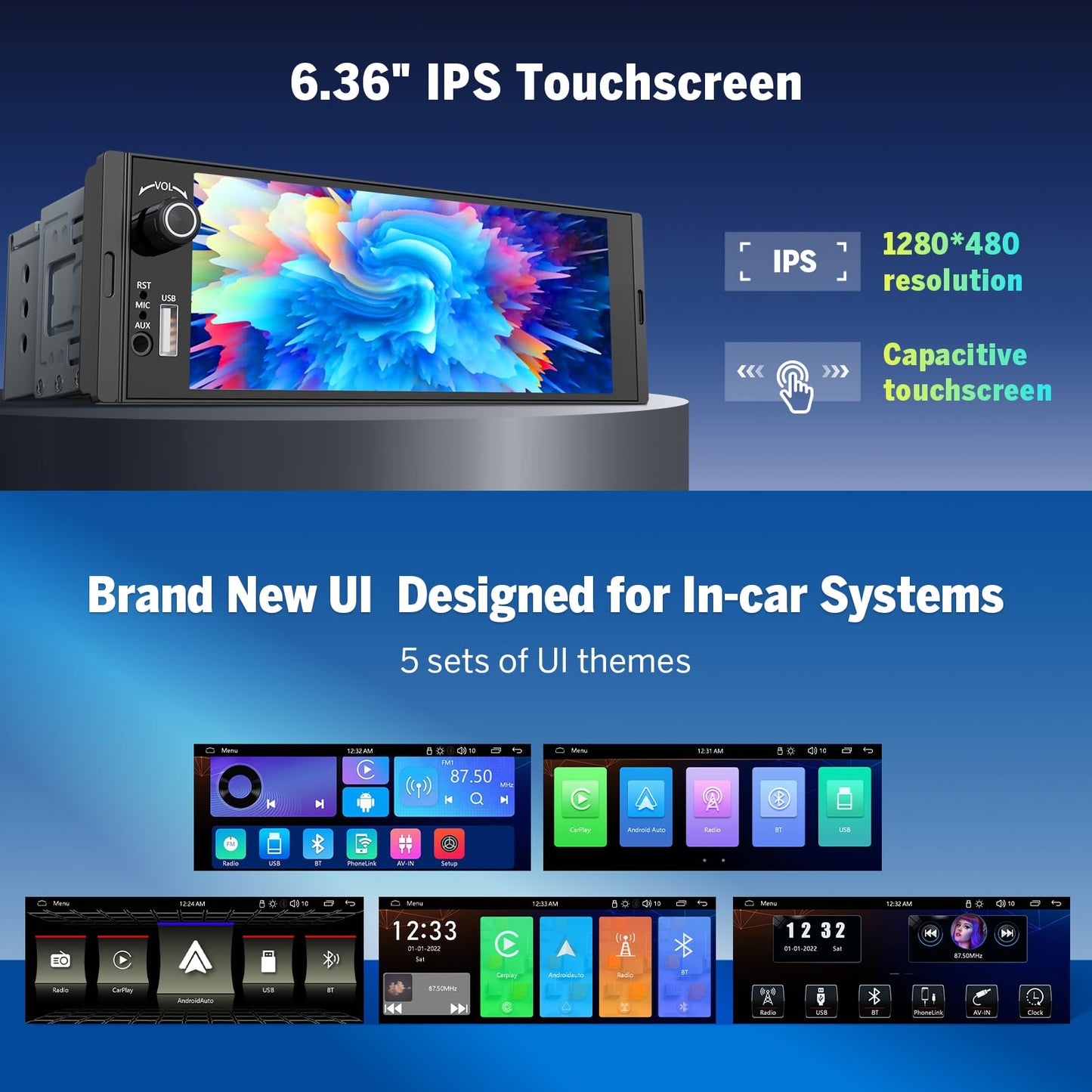 Eonon - Estéreo de coche DIN único de 6.4 pulgadas, inalámbrico CarPlay y Android Auto, visualización táctil IPS (1280 x 480), ST TDA7851 Amp, cámara de respaldo, control de dirección, Bluetooth 5.3