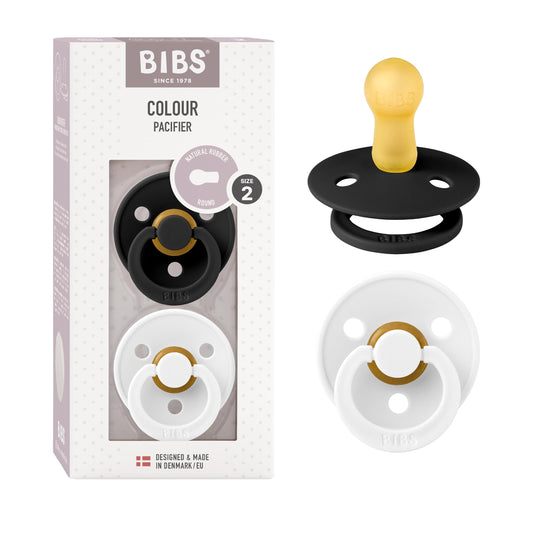 BIBS Chupones Colour Pack de 2, Tetina redonda de látex natural, Talle 2, Color Black/White, 6 a 18 meses, Hecho en Dinamarca