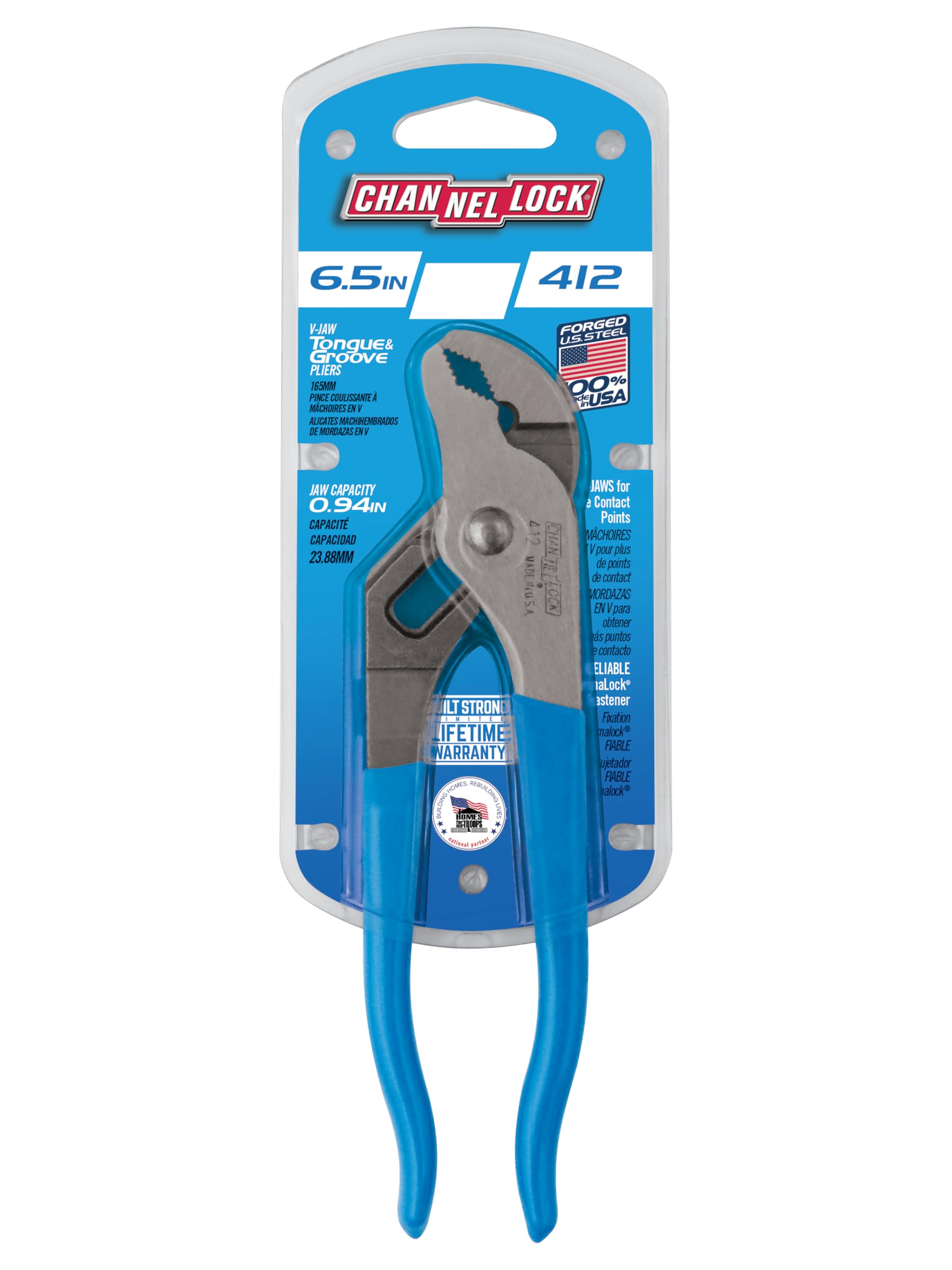 CHANNELLOCK 412 Alicates de lengüeta y ranura de 6.5 pulgadas, fabricados en Estados Unidos, capacidad de mandíbula de 0.95 pulgadas, acero forjado de alto carbono, más puntos de contacto en stock redondo, pulido