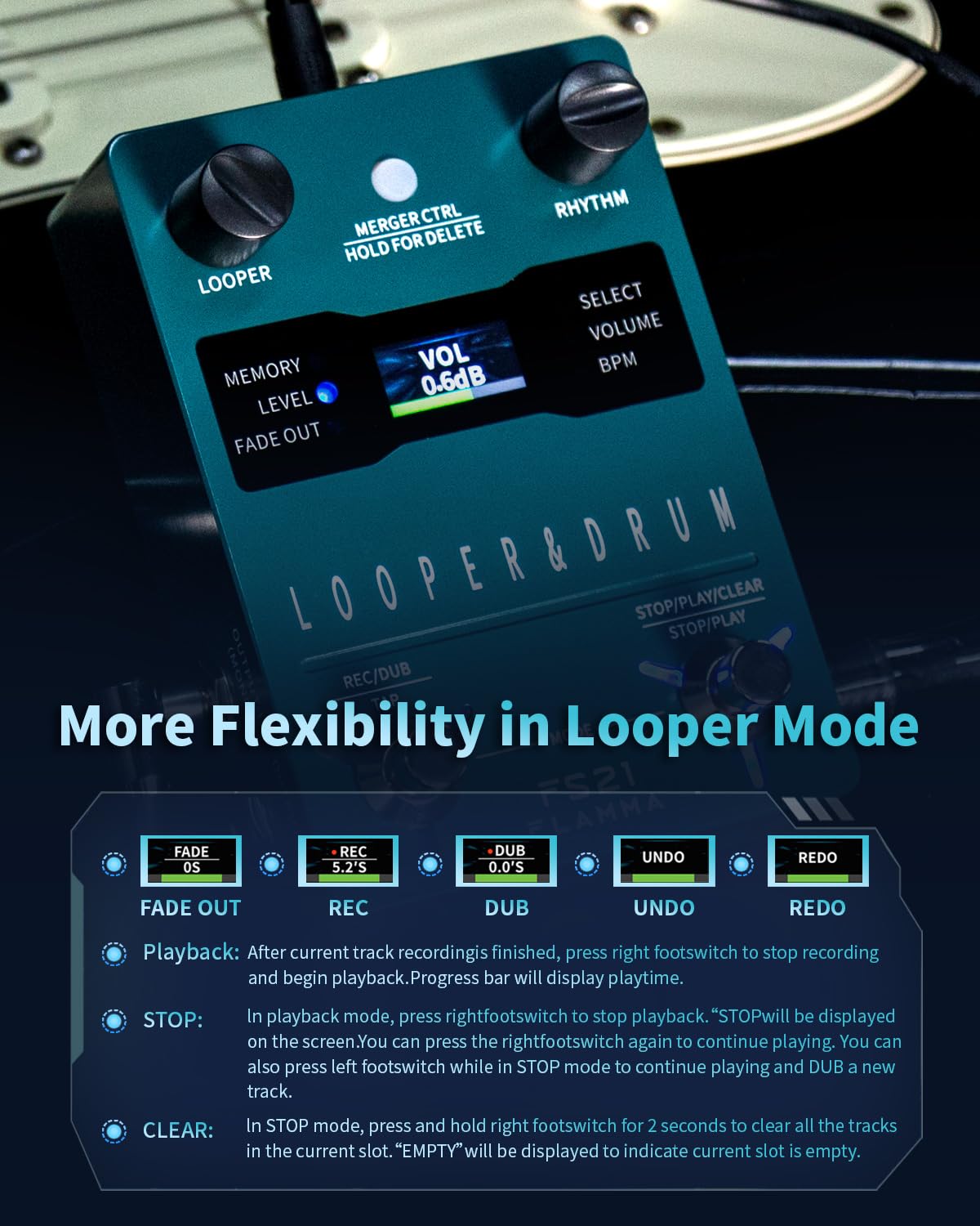 Máquina de Pedal Estéreo FLAMMA FS21 Generador de Bucle para Guitarra y Batería con Pantalla y Capacidad de Grabación en Bucle de 160 Minutos