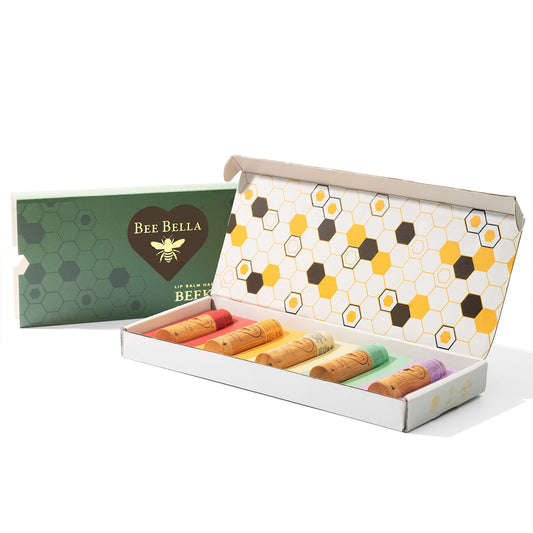 Bee Bella: bálsamos labiales – con cera de abejas, aceite de coco, aceite de jojoba, aceite de vitamina E, aceite de argán y más para labios suaves y lisos, humedad de larga duración, hecho a mano en los Estados Unidos (paquete variado, 5 unidades)