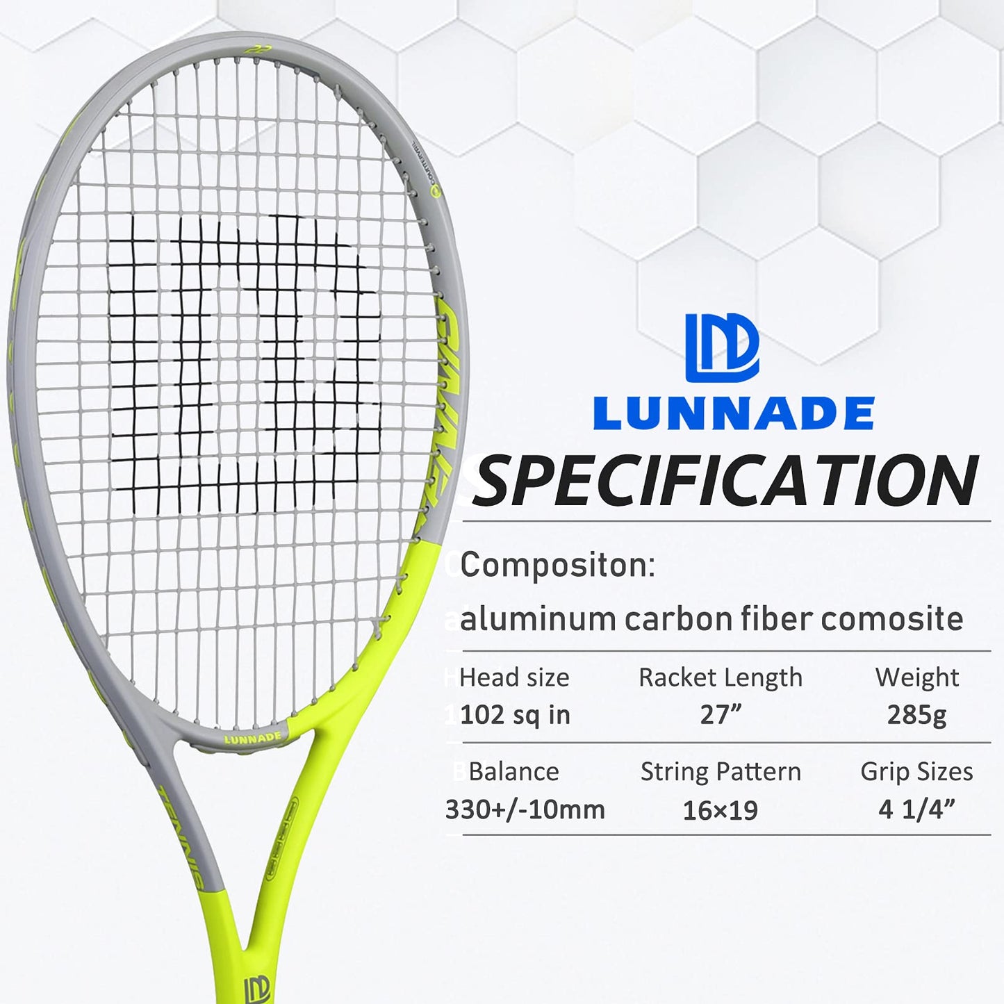 LUNNADE - Raqueta de tenis para adultos de 27 pulgadas, a prueba de golpes, de fibra de carbono, ligera, preencordada y regenerada, adecuada para principiantes a jugadores intermedios