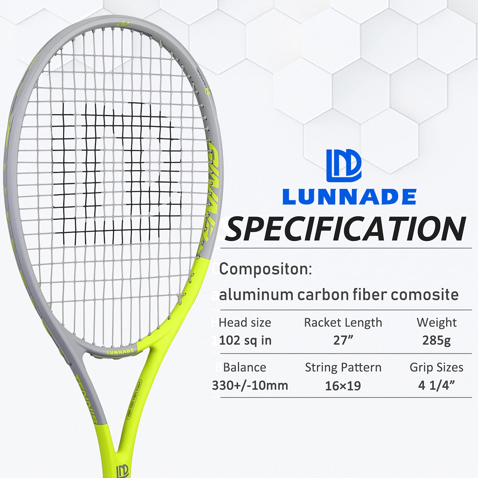 LUNNADE - Raqueta de tenis para adultos de 27 pulgadas, a prueba de golpes, de fibra de carbono, ligera, preencordada y regenerada, adecuada para principiantes a jugadores intermedios