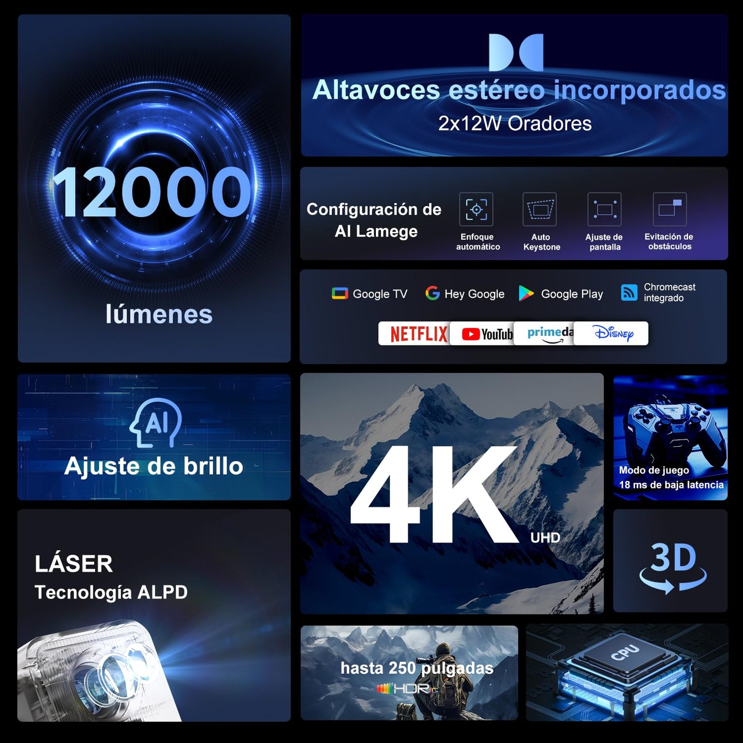 AOC 1080P Proyector Inteligente,300 ANSI & 12000 lúmenes,Enfoque automático y Android 12 Proyectores con Wifi6 y Bluetooth5,proyector portátil teléfono & HDMI,para Uso doméstico y Exterior