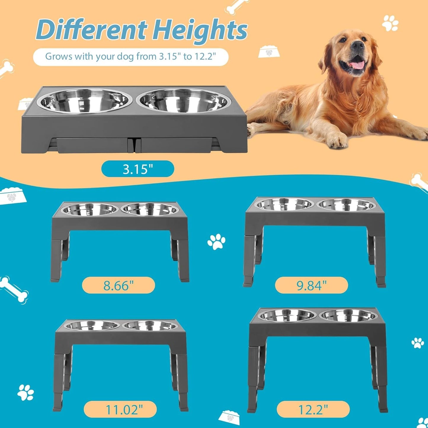 Niubya - Cuencos elevados para Perros con 2 Cuencos de Acero Inoxidable, tazón Elevado para Perros Que se Ajusta a 5 Alturas (3.1 Pulgadas, 8.6 Pulgadas, 9.7 Pulgadas, 11.0 Pulgadas, 12.2 Pulgadas)